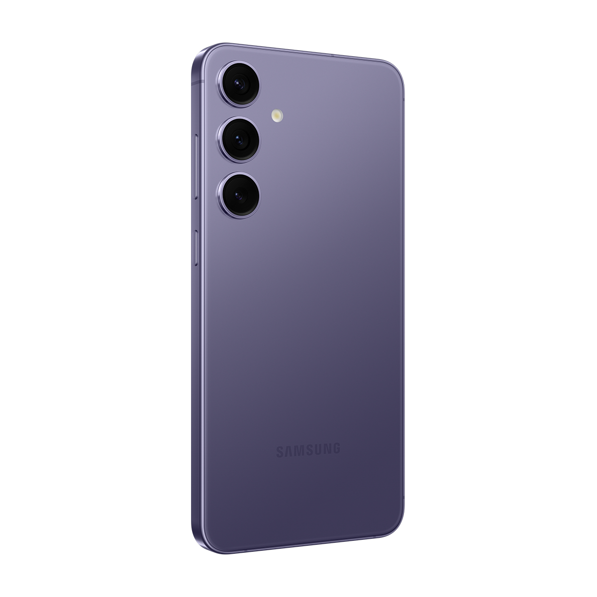 Mor bir Samsung akıllı telefon. Üç adet dikey olarak yığılmış kamera lensi vardır. Samsung logosu altta yer alır.