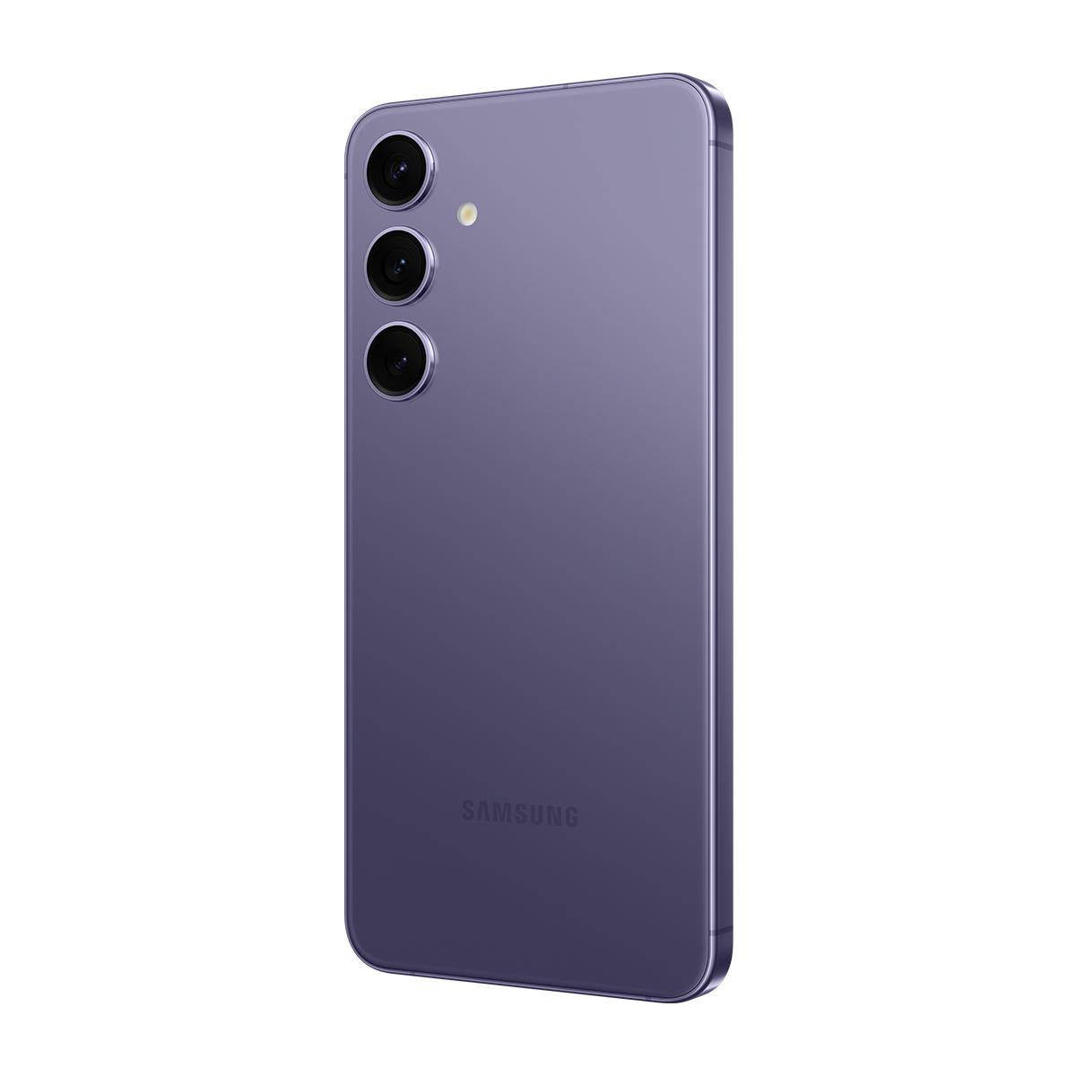 Mor bir Samsung akıllı telefon, arka görünüm, üç kamera lensi ve Samsung logosuyla.