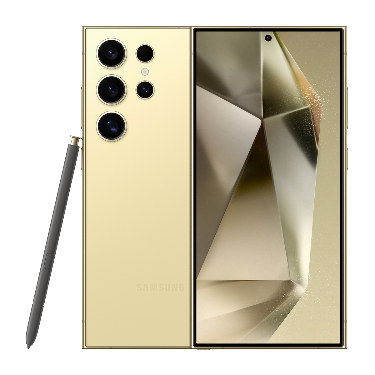 Kalemli altın akıllı telefon, ön ve arka yüzü gösteriyor. Çoklu kamera ve soyut tasarımlı ekran özelliklerine sahip. Samsung logosu görünür.