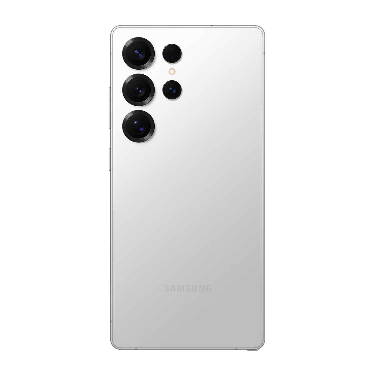 Çoklu kamera lensli ve Samsung logolu gümüş bir akıllı telefonun arkası. Lensler siyah ve telefon açık gri.