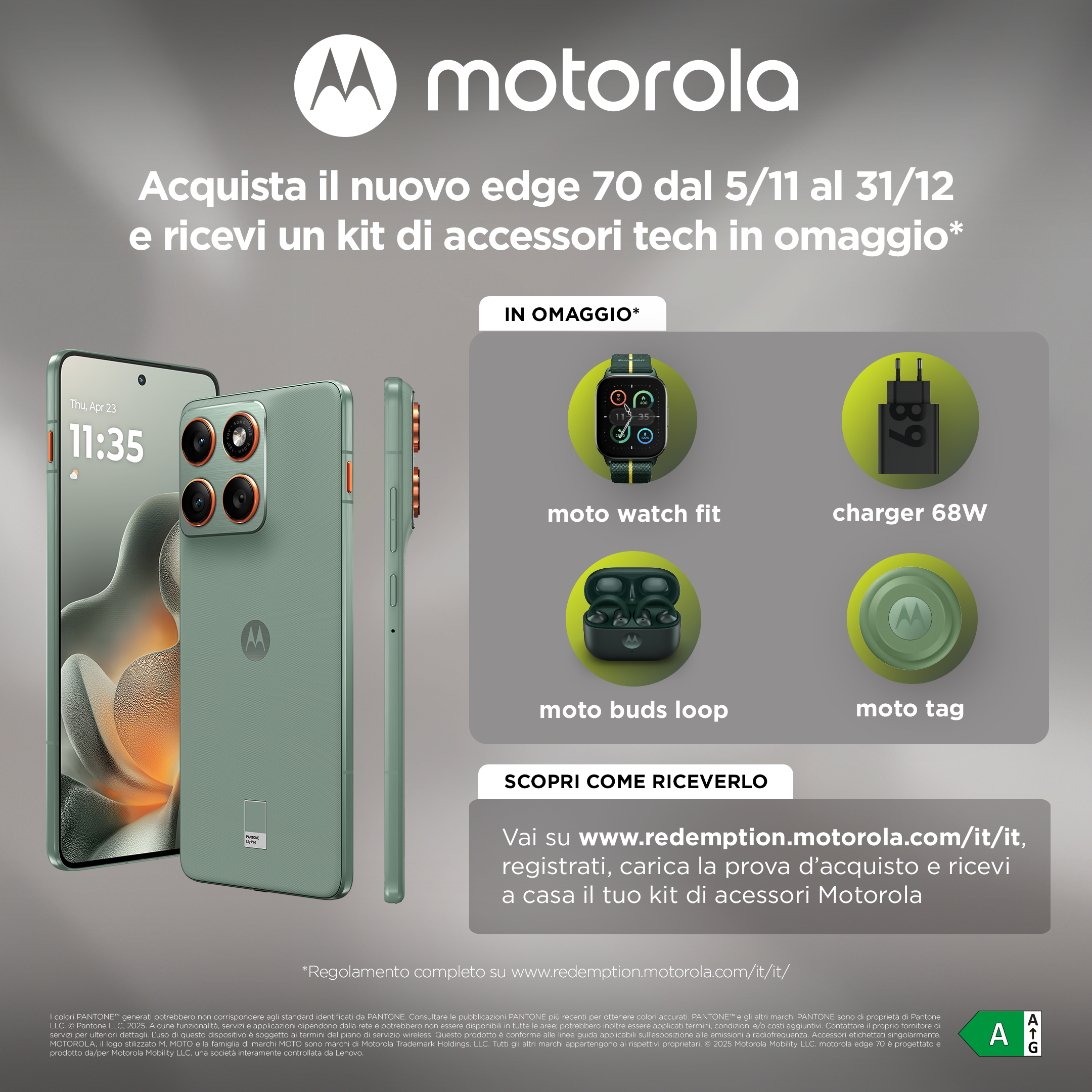 Reklama Motoroli z telefonem i akcesoriami, w tym zegarkiem, słuchawkami i ładowarką, wszystko w zieleni.