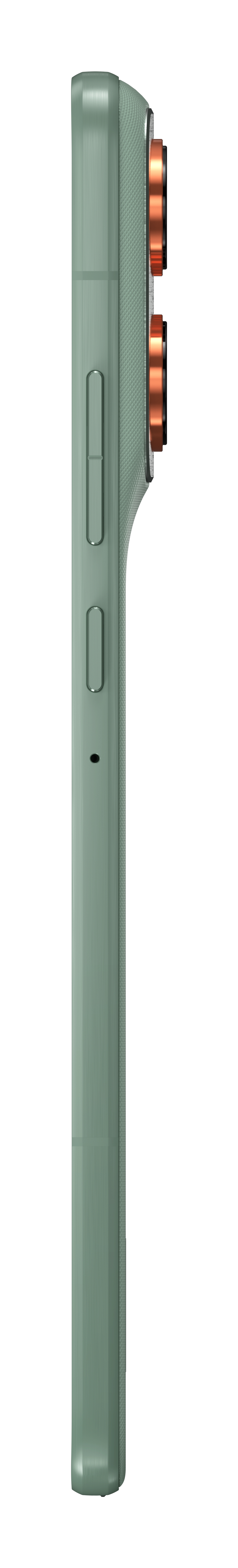 Widok z boku miętowo-zielonego telefonu. Ma przyciski, wybrzuszenie aparatu z miedzianymi akcentami i teksturowany bok.