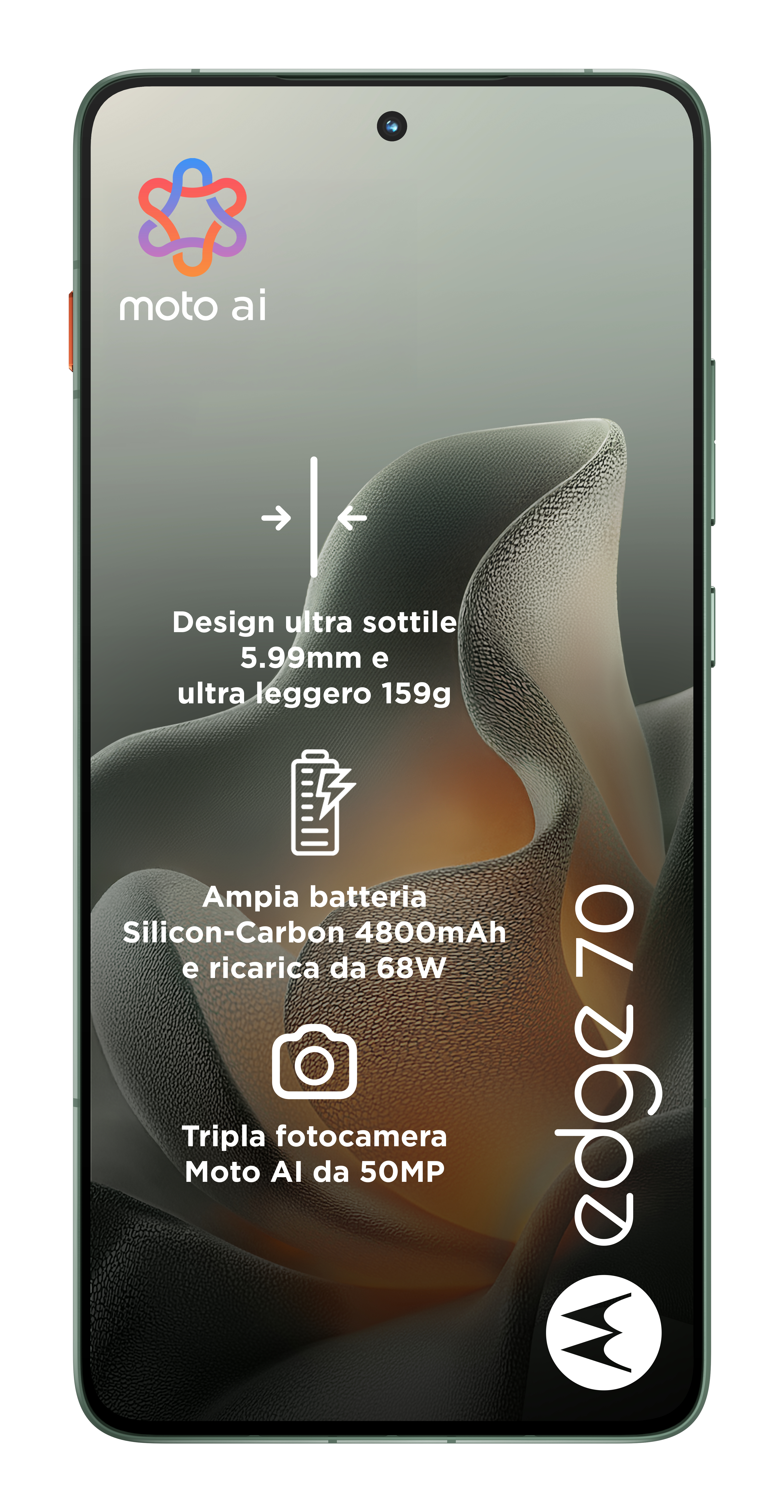 Zielony smartfon wyświetla funkcje. Ma potrójny aparat, smukłą konstrukcję i dużą baterię. Logo moto ai znajduje się na górze.