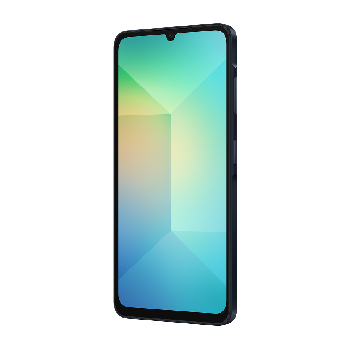 Renkli geometrik desenli ekranı, siyah çerçevesi ve küçük bir ön kamerası olan bir akıllı telefon, beyaz zemin üzerinde izole edilmiş.