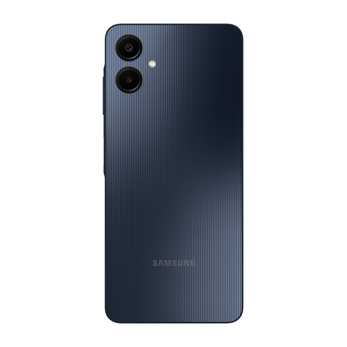 Lacivert renkli bir Samsung telefonun arka görünümü. Üstte iki kamera ve bir flaş, altta Samsung logosu.