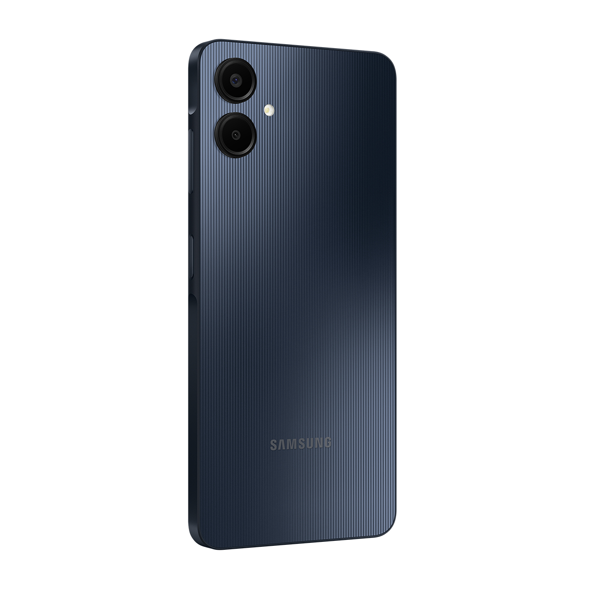 Dokulu bir arka yüzeye sahip, koyu mavi bir akıllı telefon. İki kamera merceği, bir flaş ve Samsung logosu var. Telefon açılı.