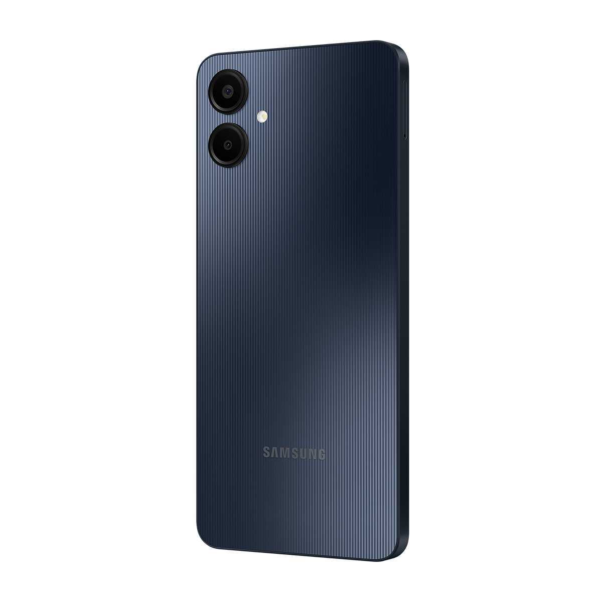 Koyu mavi bir Samsung akıllı telefonun arkası. İki kamera ve bir flaş görünür. Telefonun dokulu bir yüzeyi var.