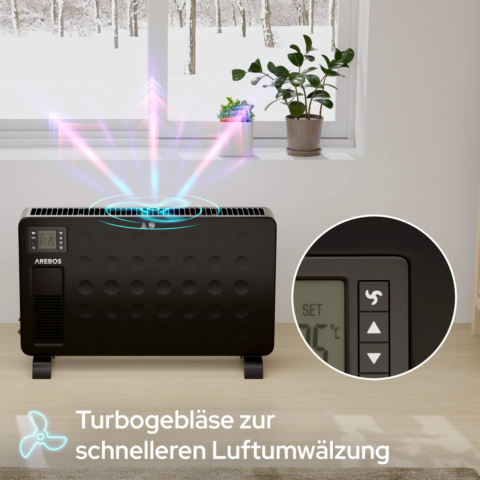 Ein schwarzer Arebos-Heizlüfter mit Digitalanzeige, Pflanzen und verschneiter Außenansicht durch ein Fenster.