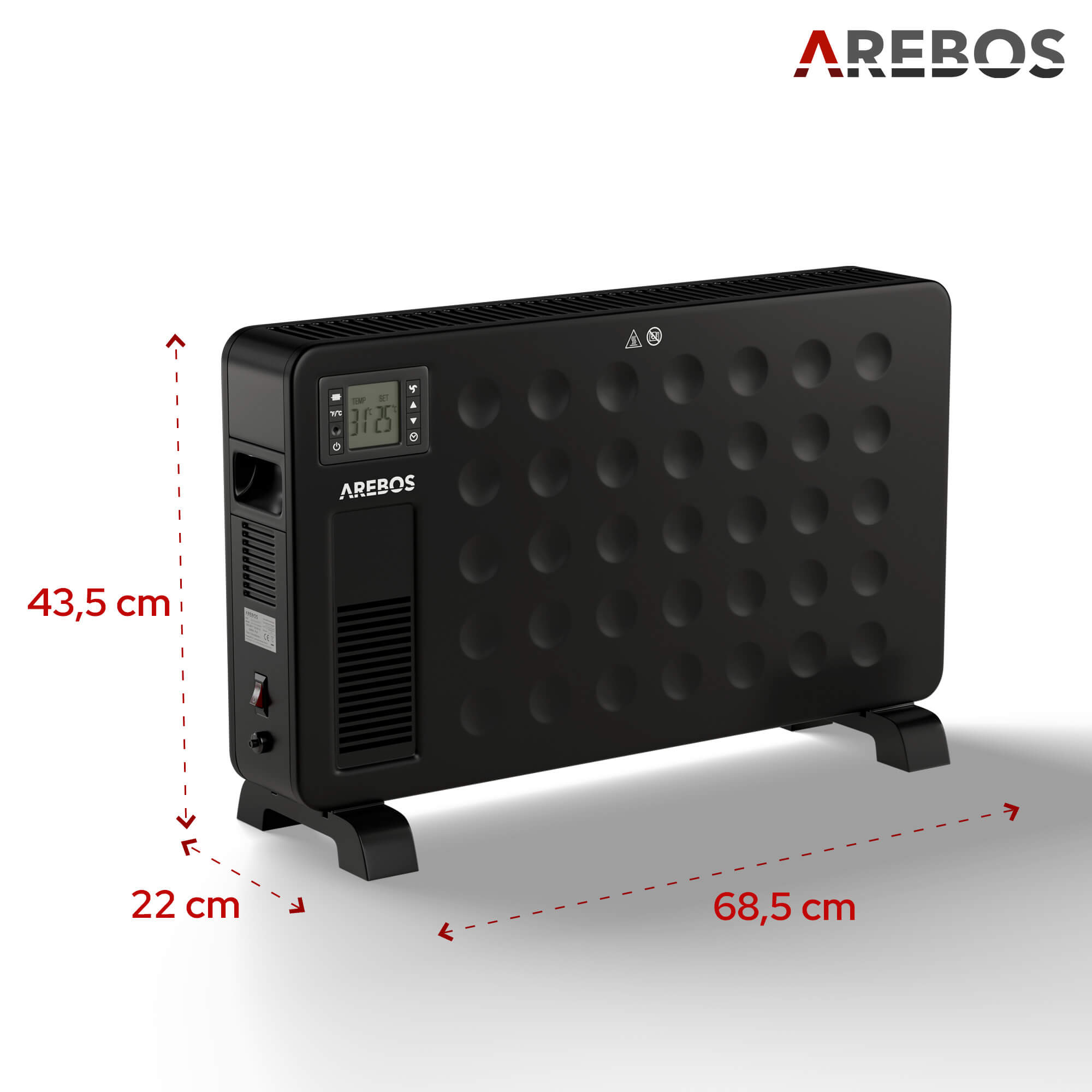 Schwarzer AREBOS-Elektroheizer mit Display, das 31,25 Grad anzeigt, mit Abmessungen. Das Logo ist sichtbar.