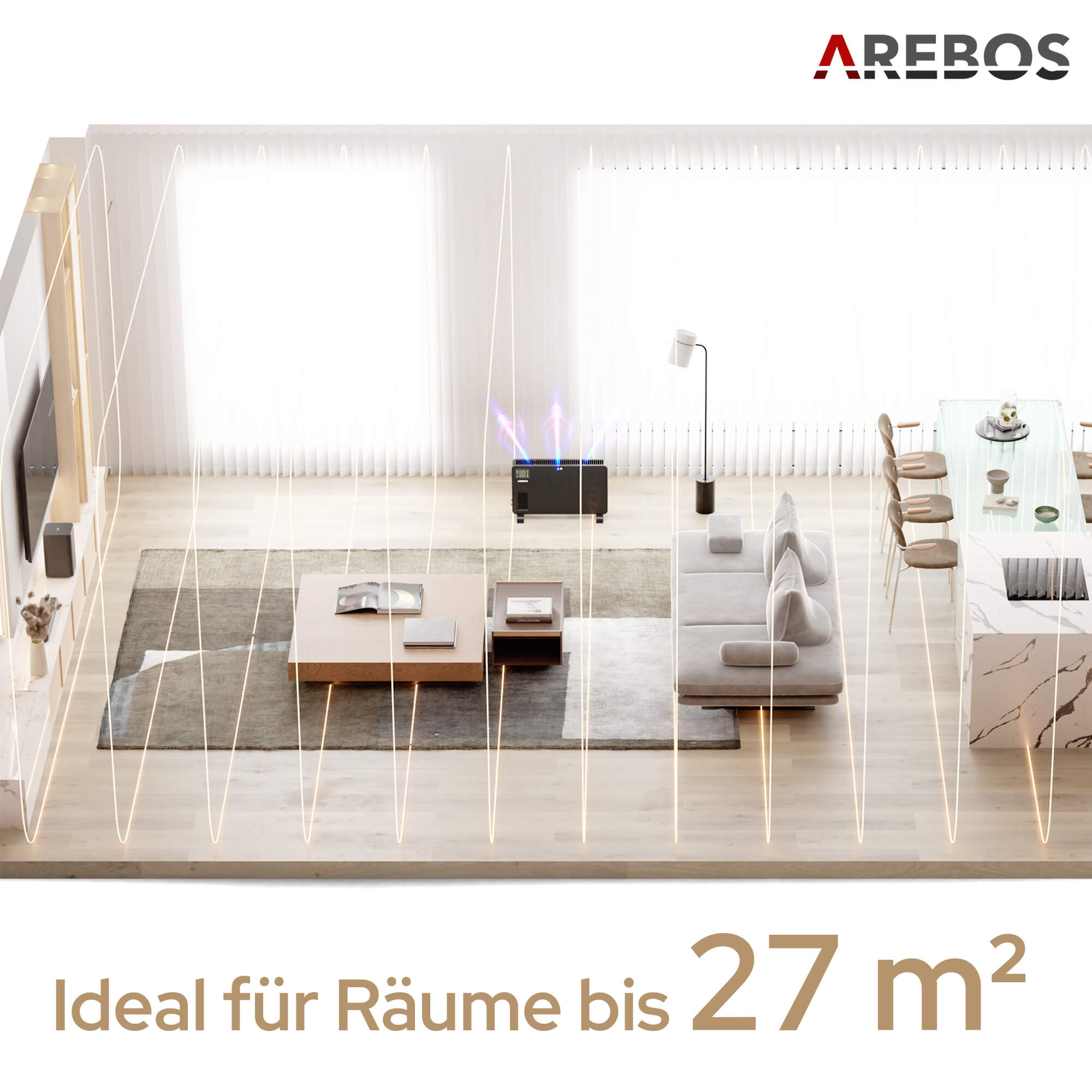 Ein modernes Wohnzimmer mit Heizung. Enthält ein Sofa, einen Essbereich und einen Couchtisch. Der Text lautet: Ideal für Räume bis 27 m².