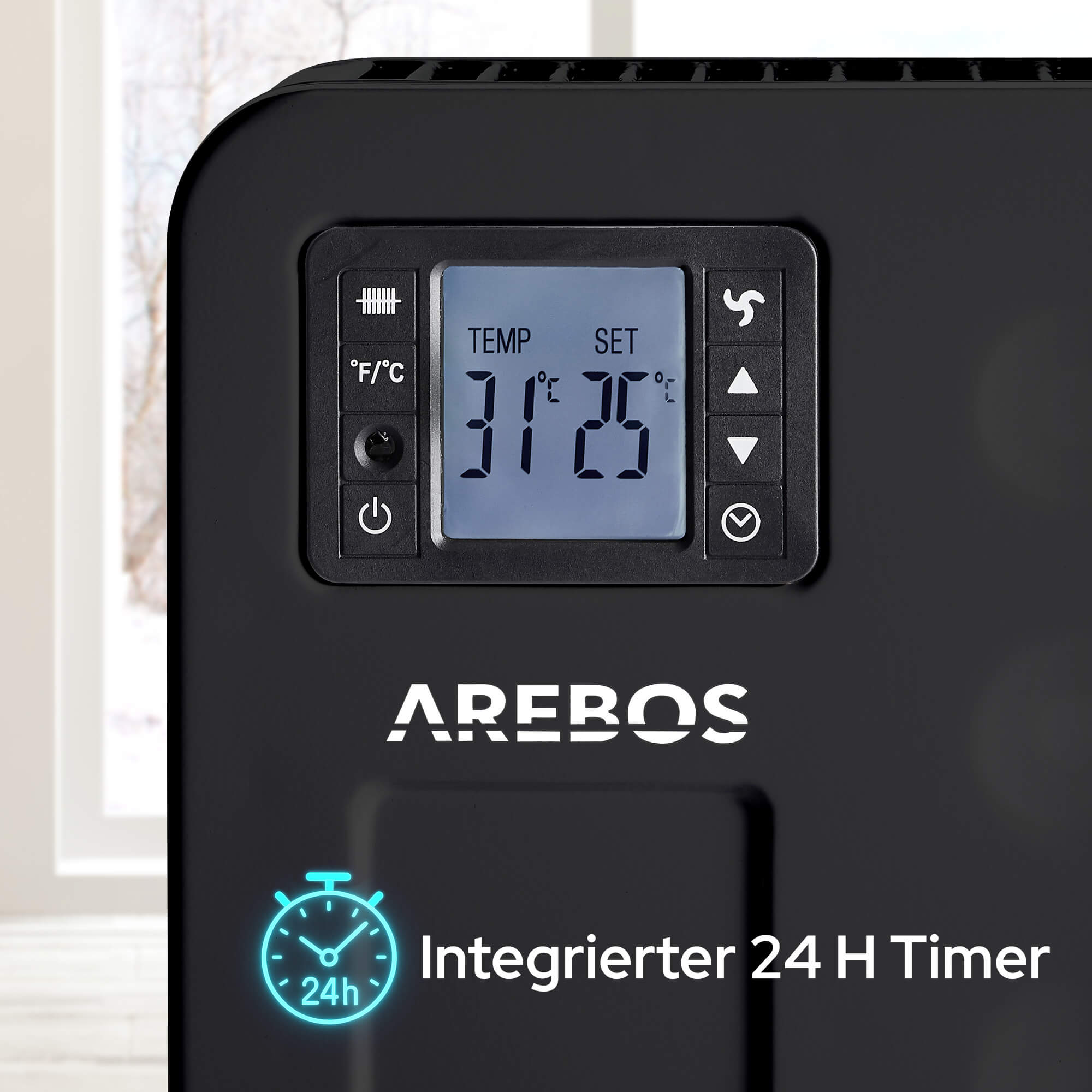 Schwarzes Panel mit 31°C und 25°C, mit Ein/Aus-, Lüfter- und Temperaturreglern. Mit Timer-Symbol.