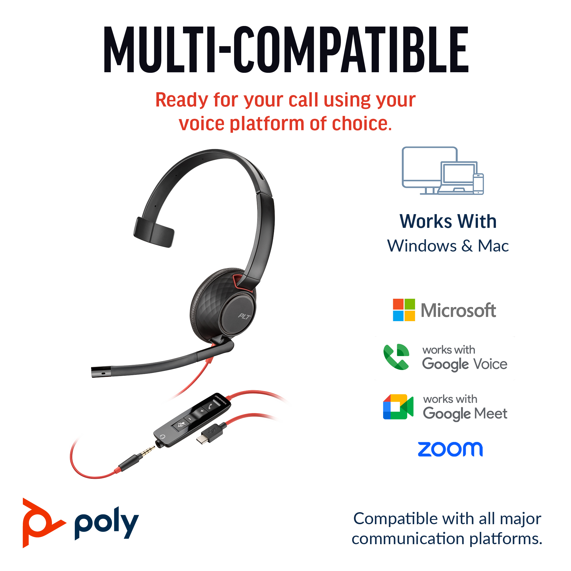 Cuffie nere con cavo rosso e pannello di controllo. Compatibile con Windows, Mac, Google e Zoom.