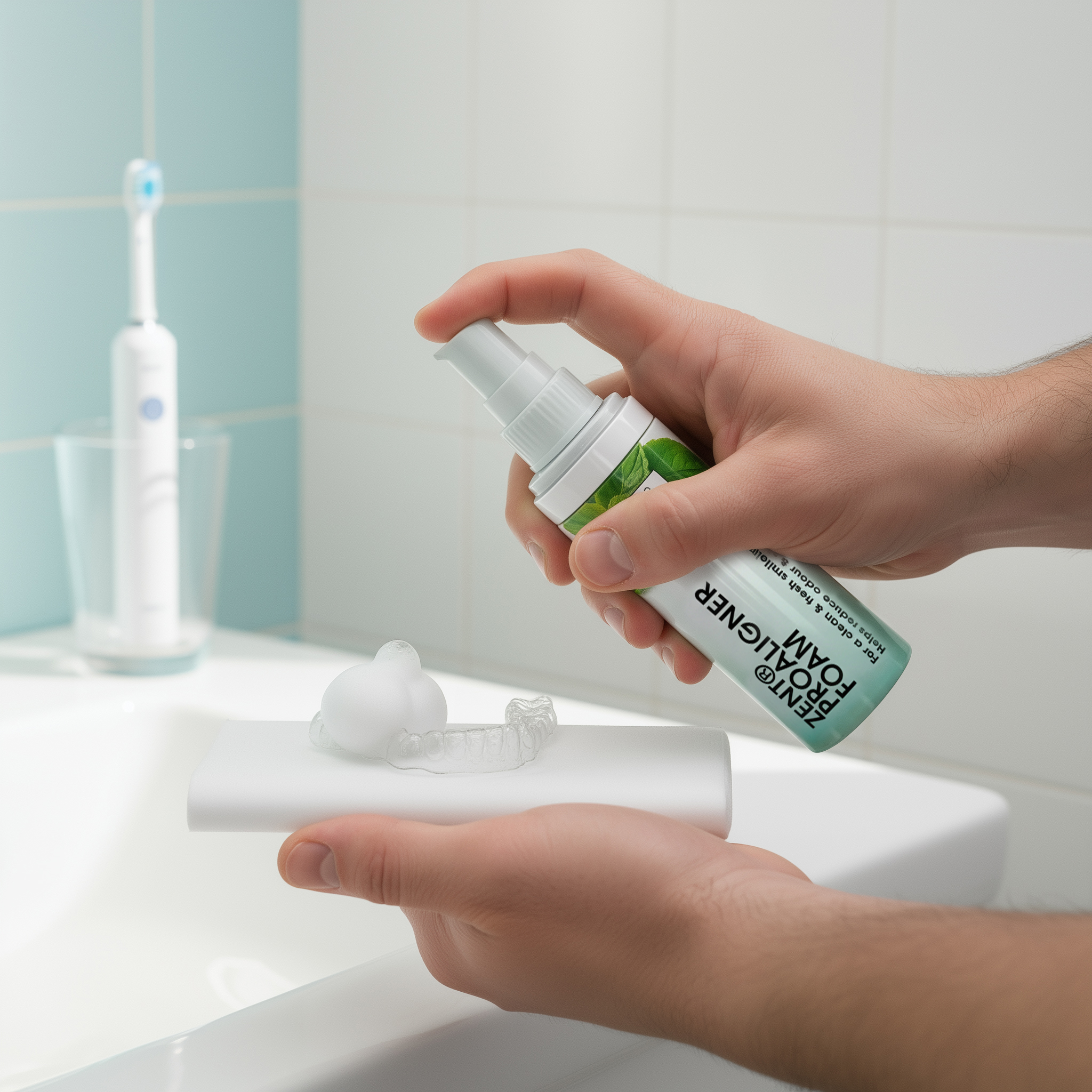 Dłonie spryskują pianą białą tacę z przezroczystymi nakładkami. W tle szczoteczka do zębów i umywalka.