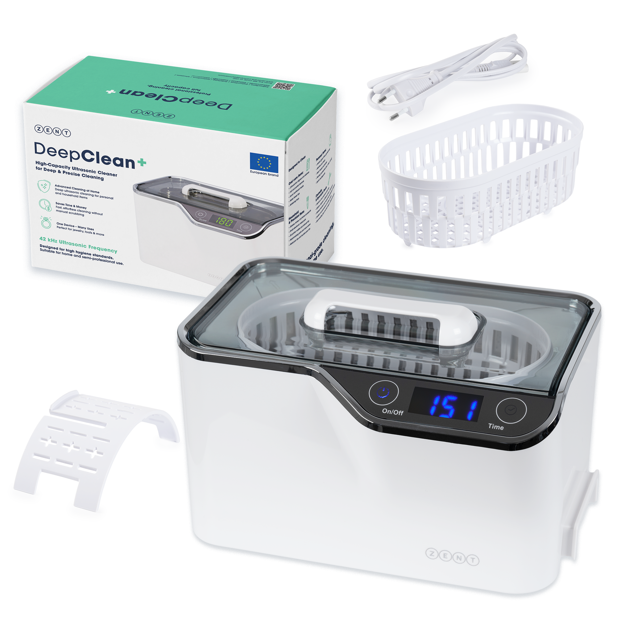 Biała myjka ultradźwiękowa z akcesoriami: koszem, tacką, przewodem zasilającym i pudełkiem. Zawiera wyświetlacz czasu i przyciski.