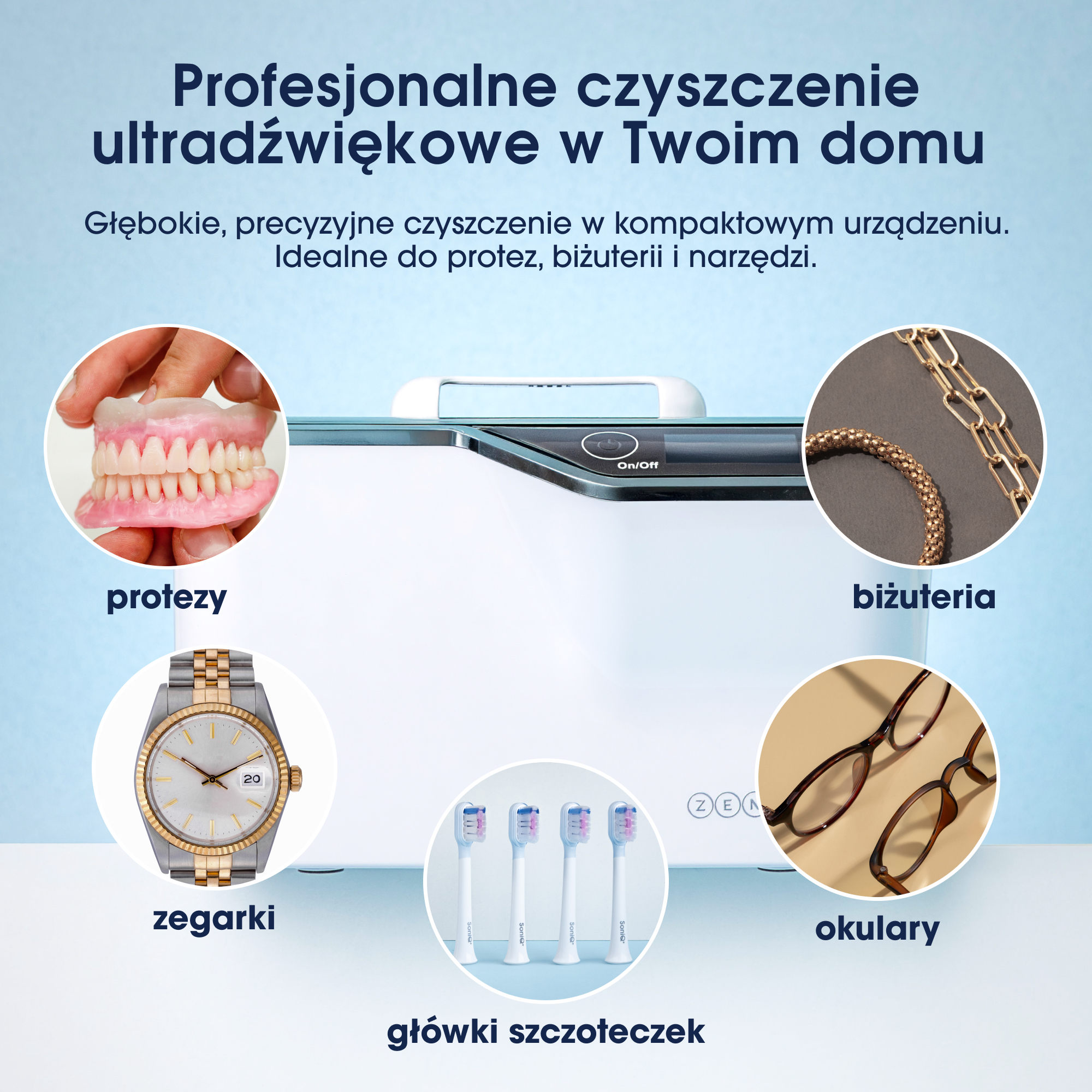 Oczyszczacz ultradźwiękowy z protezami, biżuterią, zegarkami, okularami i główkami szczoteczek. Niebieskie tło.