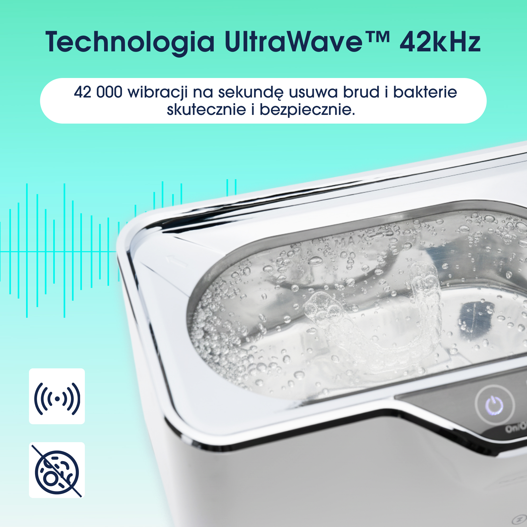 Biała myjka ultradźwiękowa z wodą i bąbelkami. Tekst: UltraWave 42kHz, usuwa brud i bakterie.