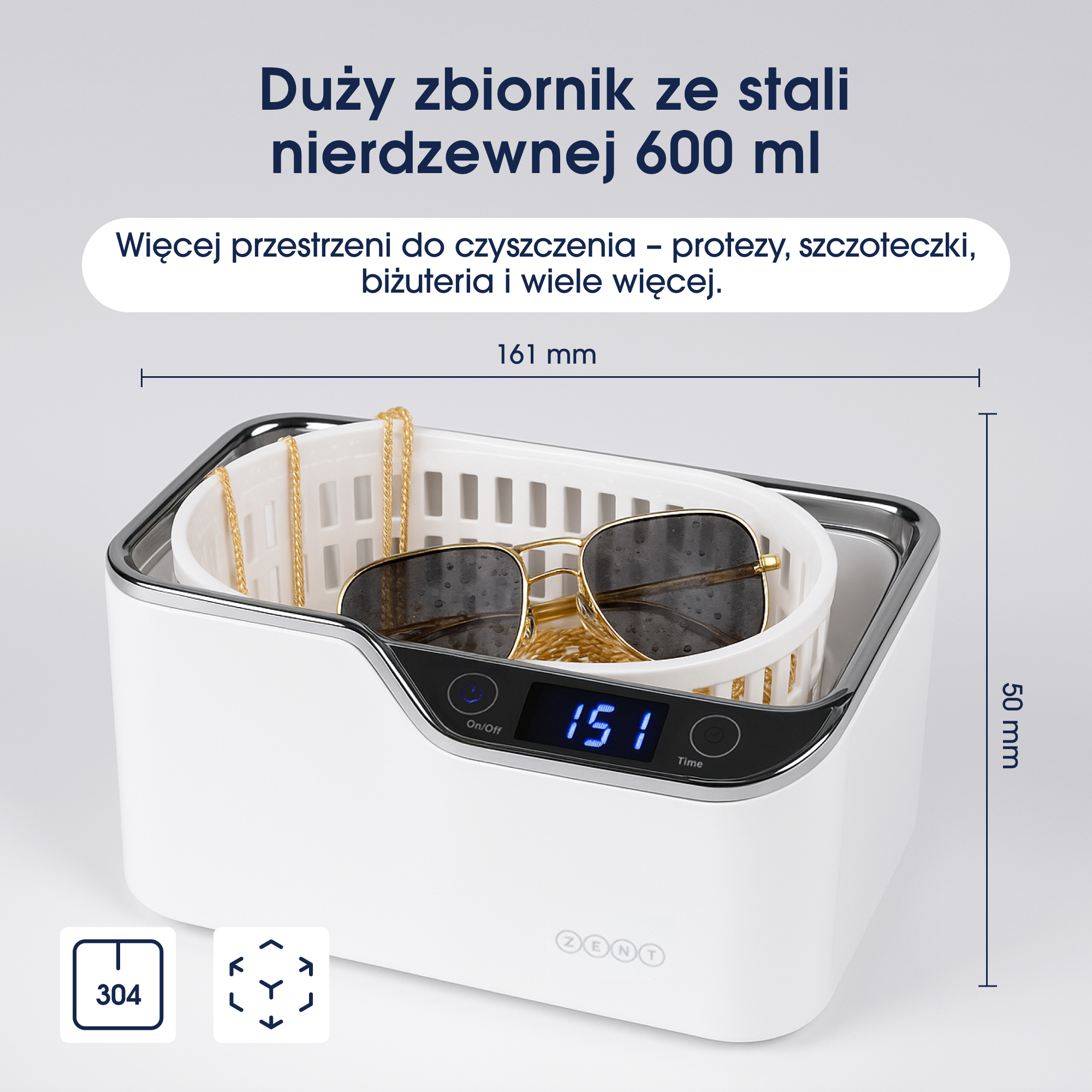 Biała myjka ultradźwiękowa z okularami, biżuterią i wyświetlaczem cyfrowym. Wymiary: 161 mm x 50 mm.