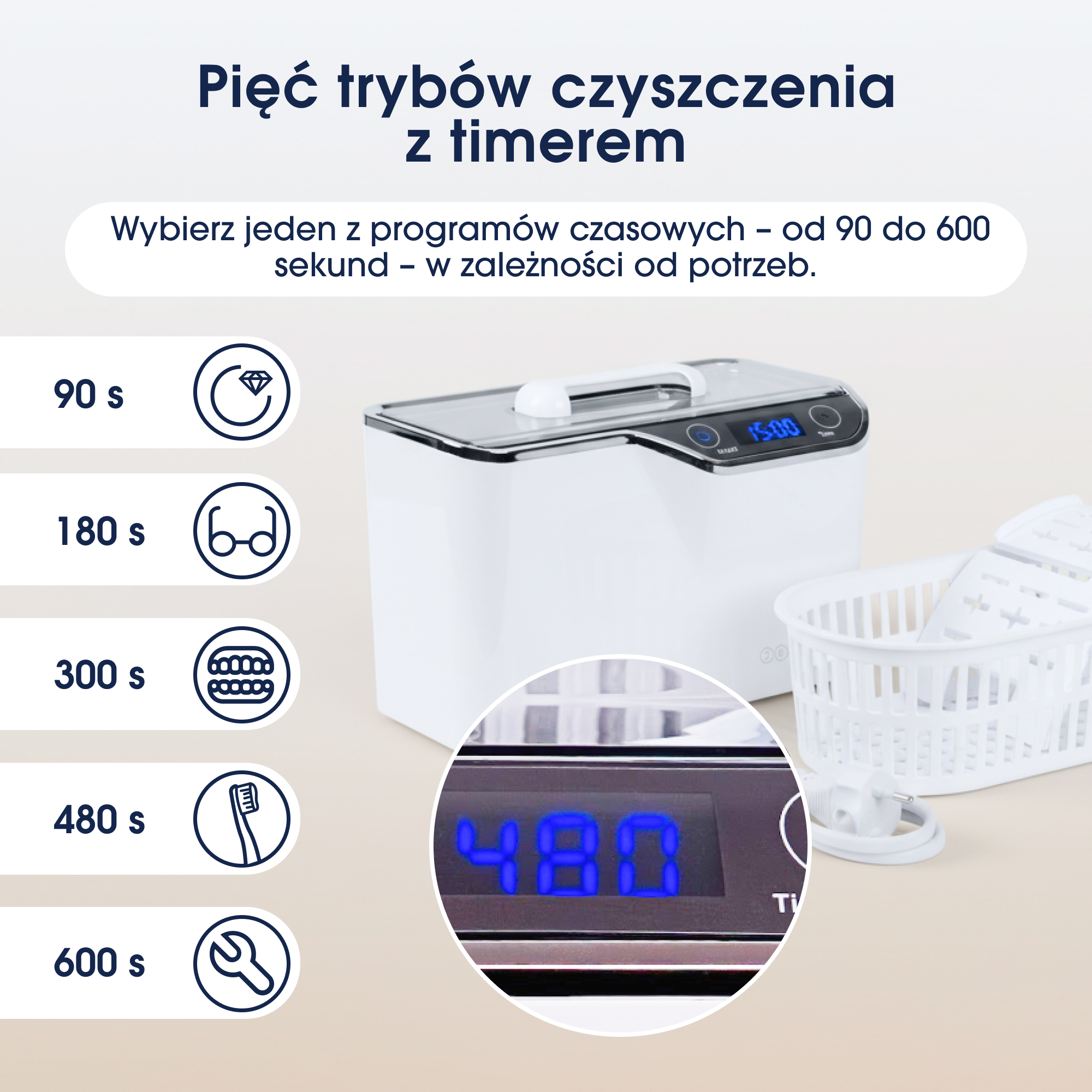 Biała myjka ultradźwiękowa z timerem pokazuje 480 sekund. Ma koszyk i kilka trybów czyszczenia.