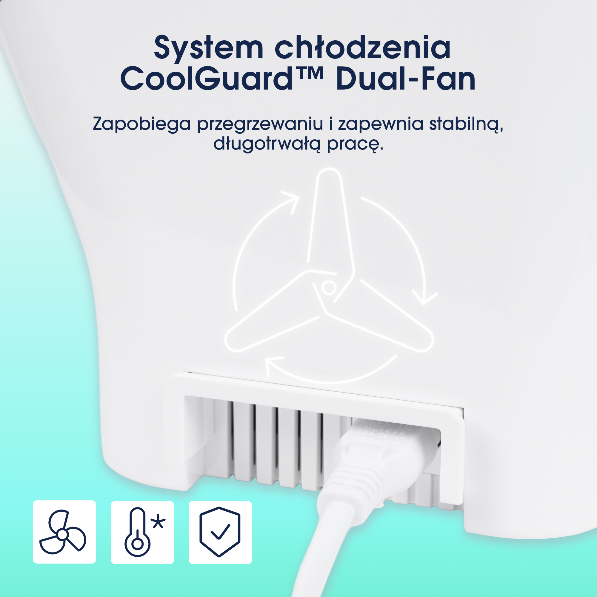 Białe urządzenie z napisem 'CoolGuard Dual-Fan'. Grafika pokazuje symbol wentylatora. Biały kabel jest wtyknięty.