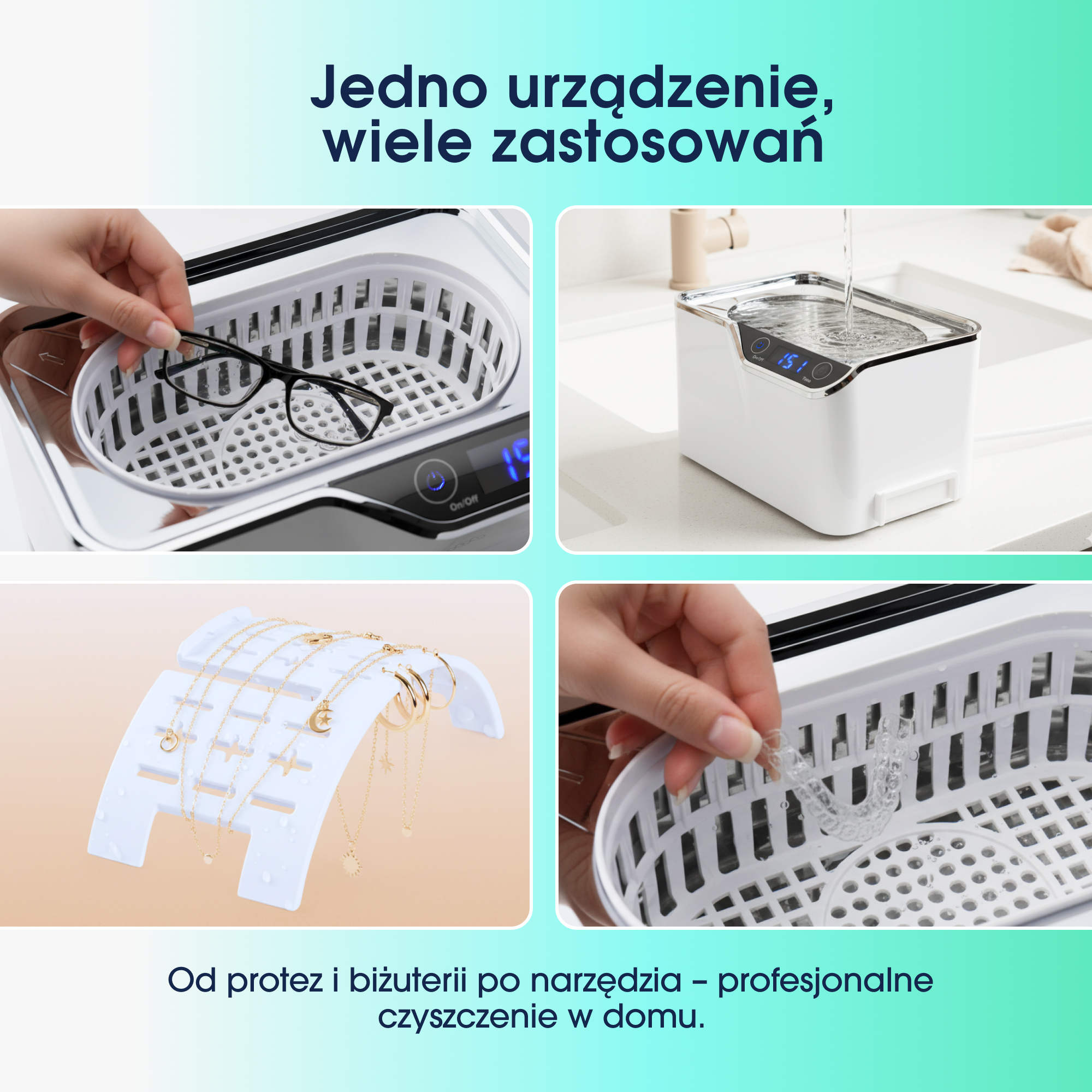 Zdjęcie przedstawia urządzenie czyszczące z różnymi przedmiotami: okularami, biżuterią i aparatami ortodontycznymi. Tekst mówi 'profesjonalne czyszczenie'.