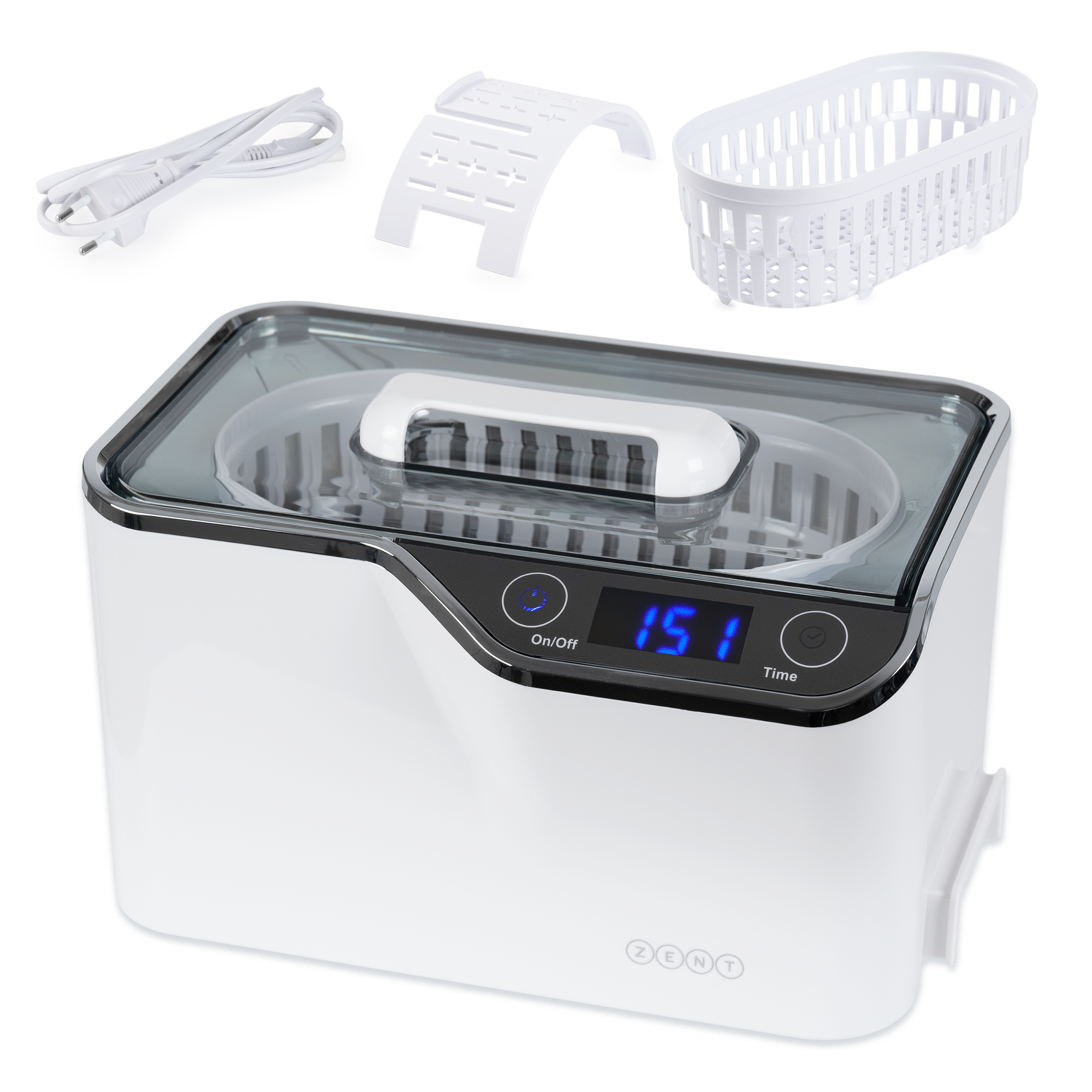 Biała myjka ultradźwiękowa z akcesoriami: koszem, tacką i przewodem zasilającym. Wyświetlacz cyfrowy pokazuje czas. Widoczne logo "ZENT".
