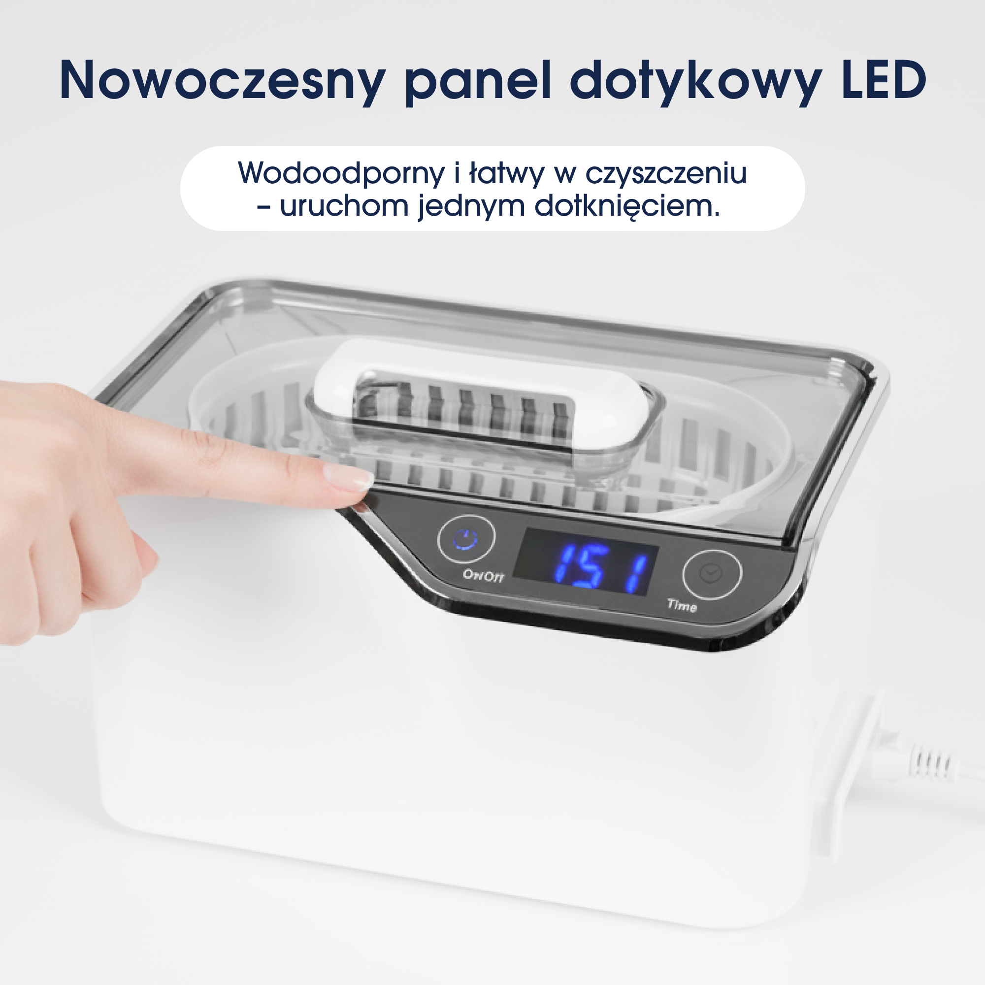 Biały panel dotykowy z palcem naciskającym przycisk włączania. Tekst: nowoczesny panel dotykowy LED, wodoodporny i łatwy do czyszczenia.