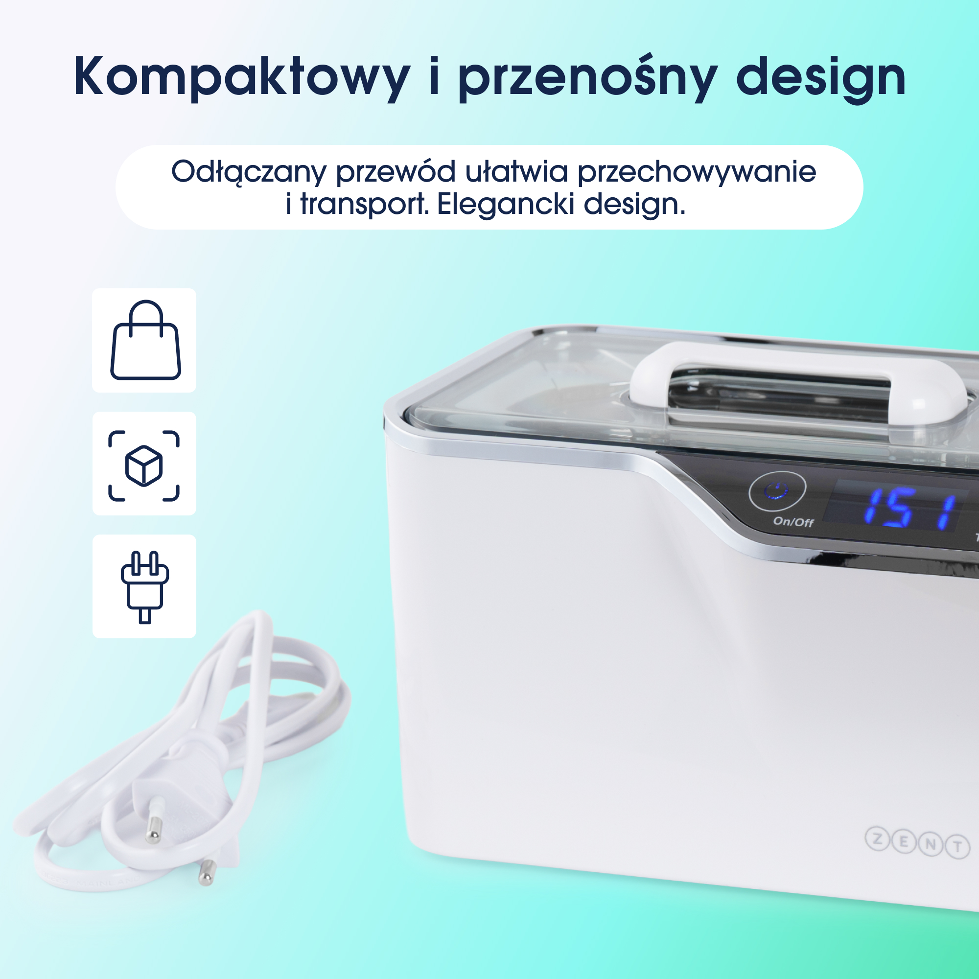 Biała myjka ultradźwiękowa z odłączanym przewodem. Przycisk On/Off i wyświetlacz cyfrowy pokazujący 151.