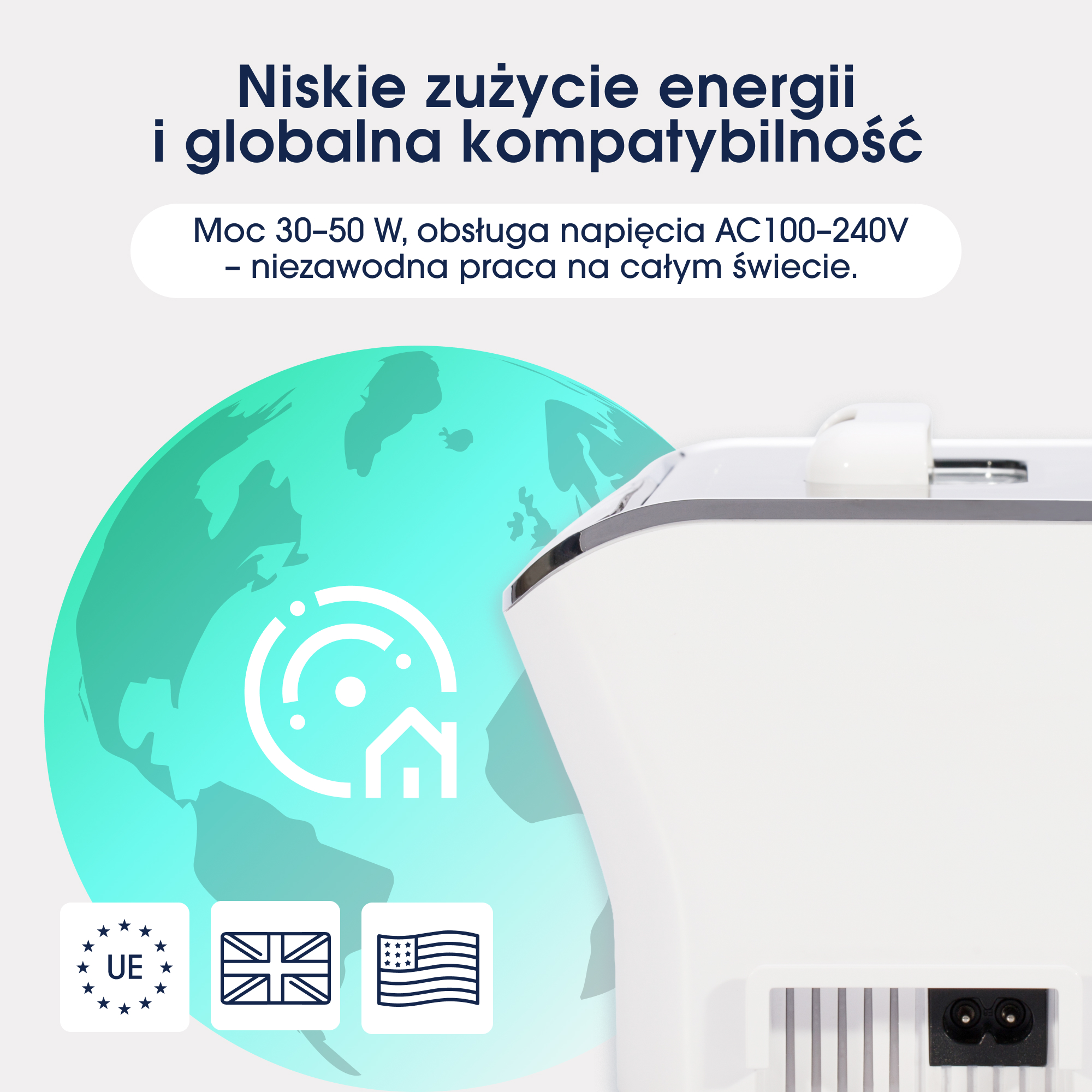 Obraz z tekstem: Niskie zużycie energii i globalna kompatybilność. Zawiera globus i gniazdo zasilania.