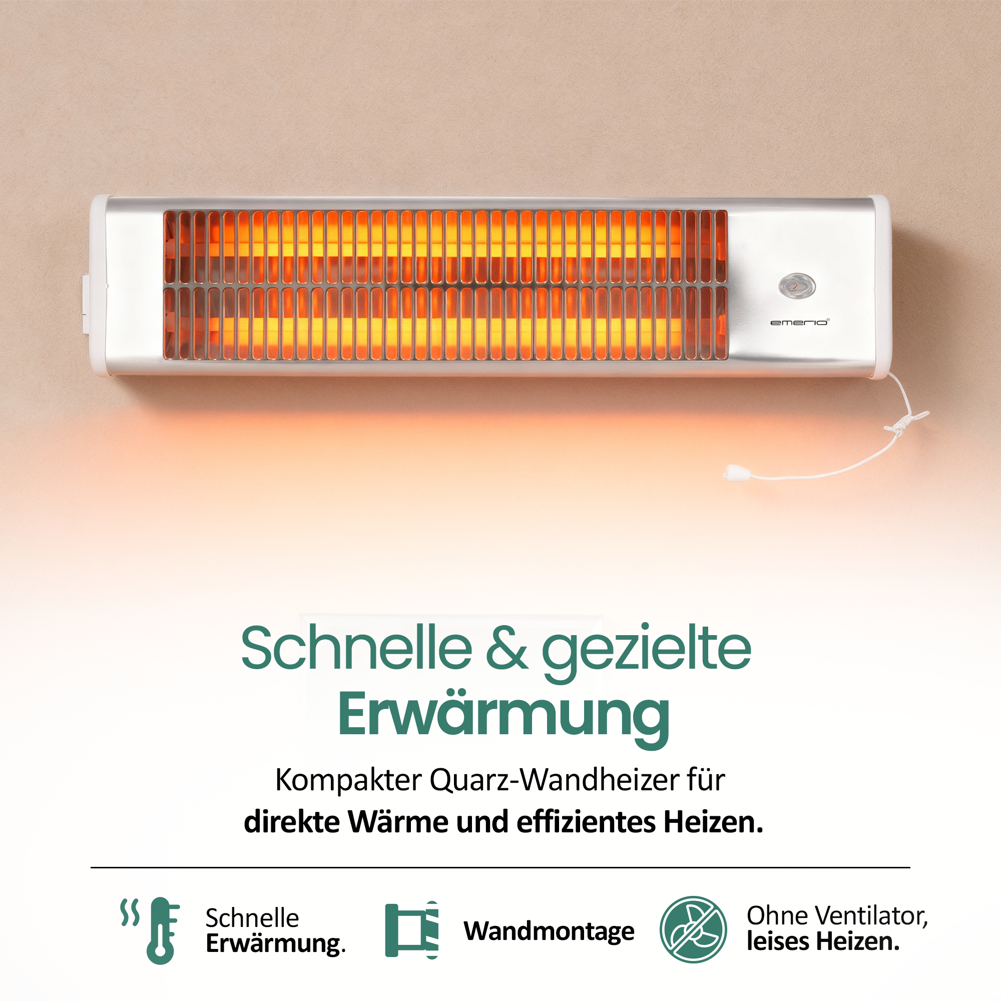 Ein an der Wand montierter Elektroheizer mit silbernem Rahmen und orangefarbenen Heizelementen, mit Marketingtext.