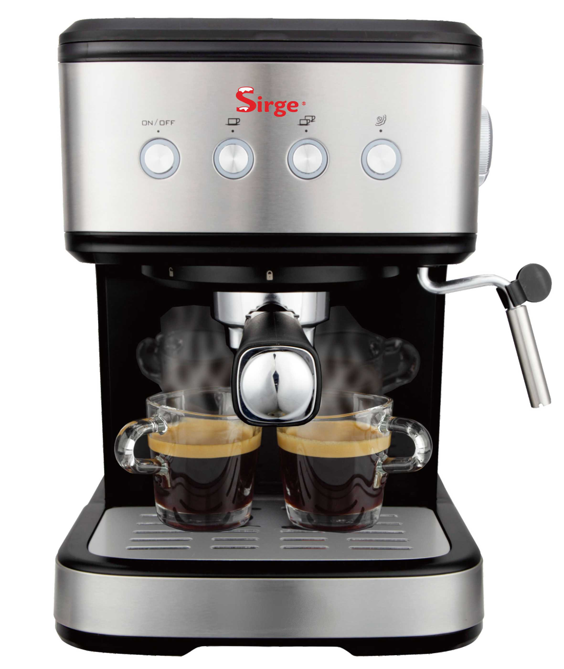 Macchina per espresso con due tazze di vetro piene di caffè. Pulsanti, logo e lancia vapore visibili.