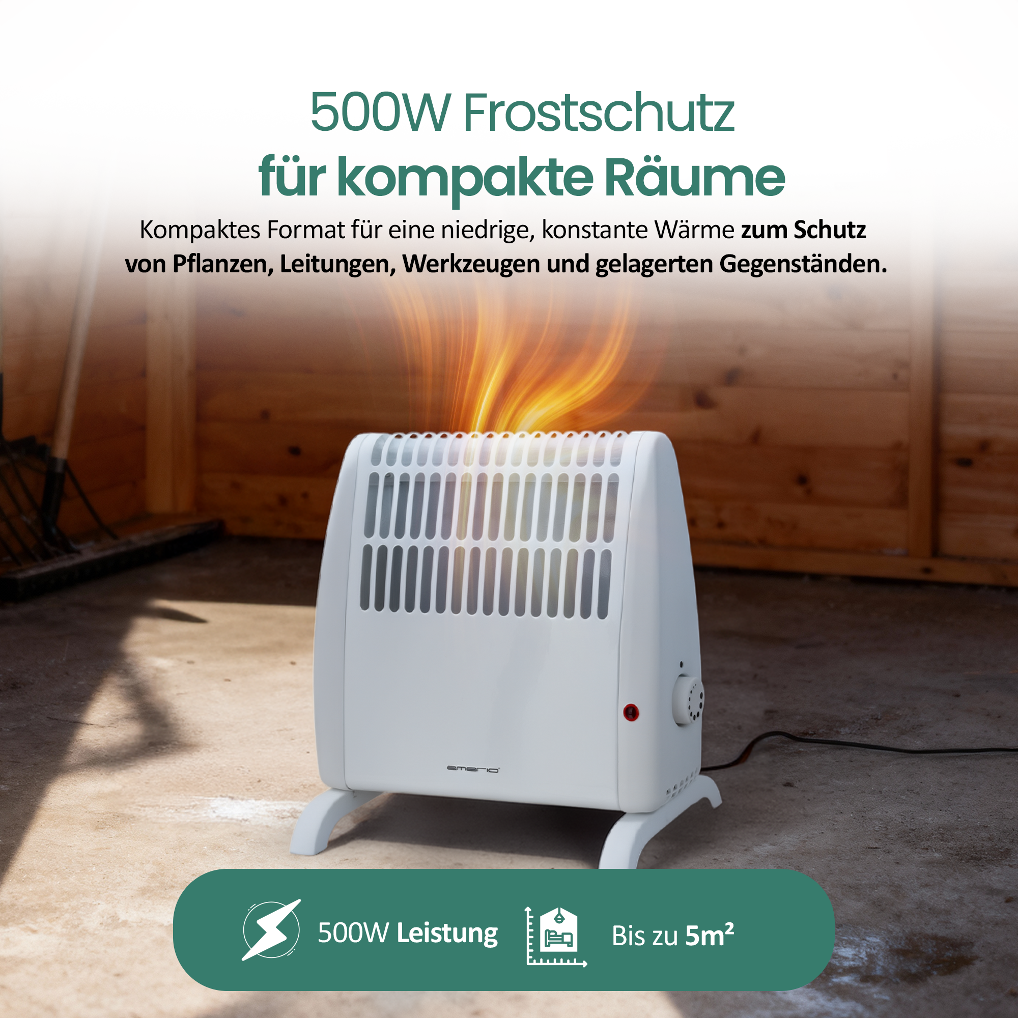 Ein weißer elektrischer Heizlüfter auf Beton. Text oben: 500W Frostschutz für kompakte Räume.