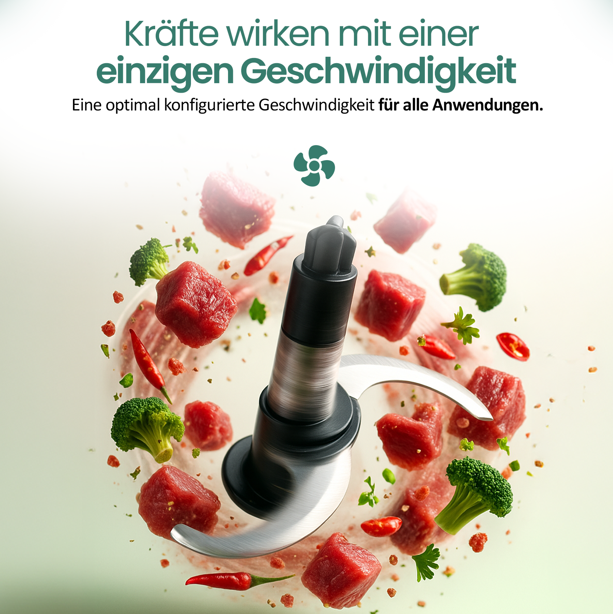 Ein Foodprocessor, der Fleisch, Brokkoli und Chilischoten zerkleinert. Weißer Hintergrund mit deutschem Text.