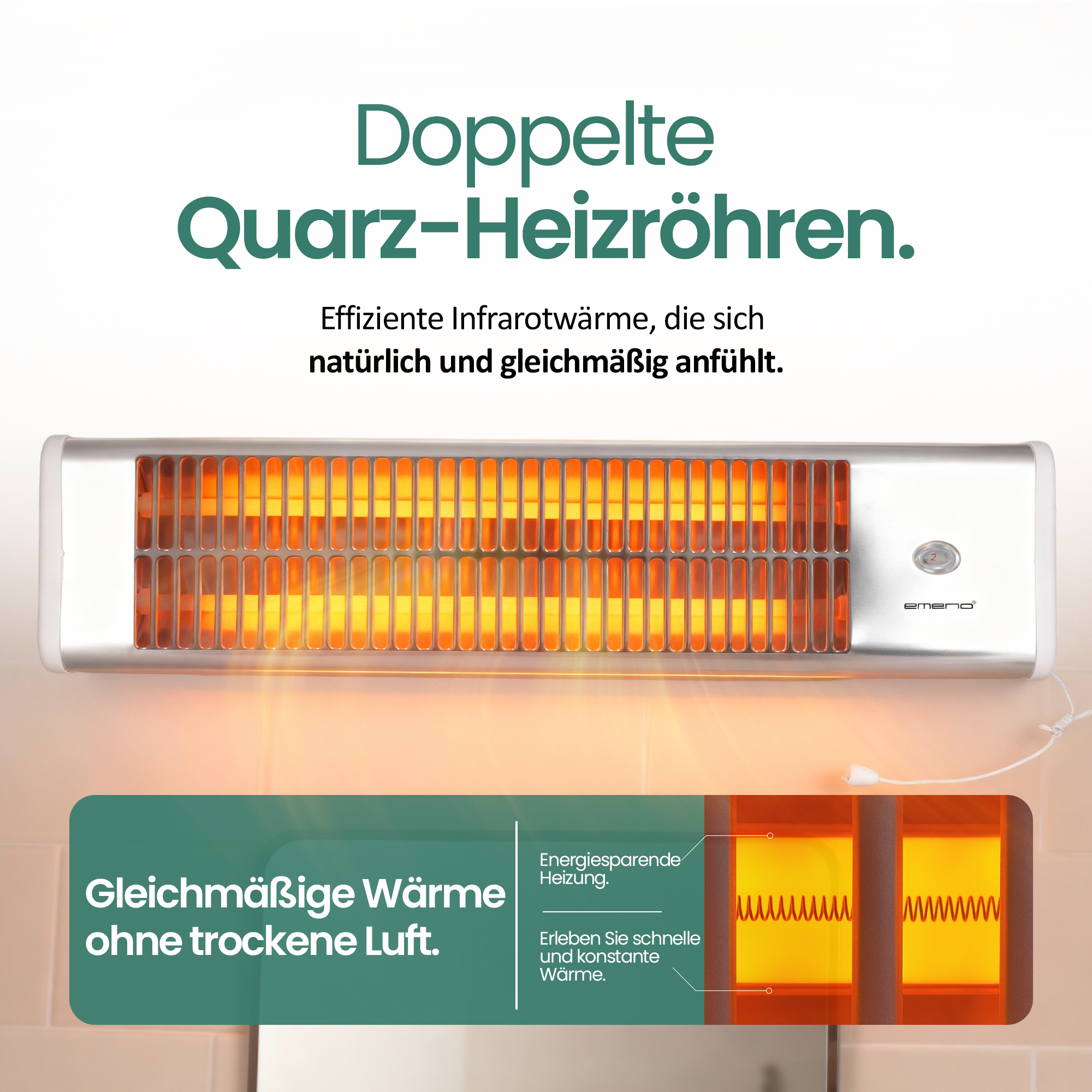 Ein silberner Elektroheizer mit glühenden orangefarbenen Quarzzylindern. Text auf Deutsch bewirbt effiziente Infrarotwärme.