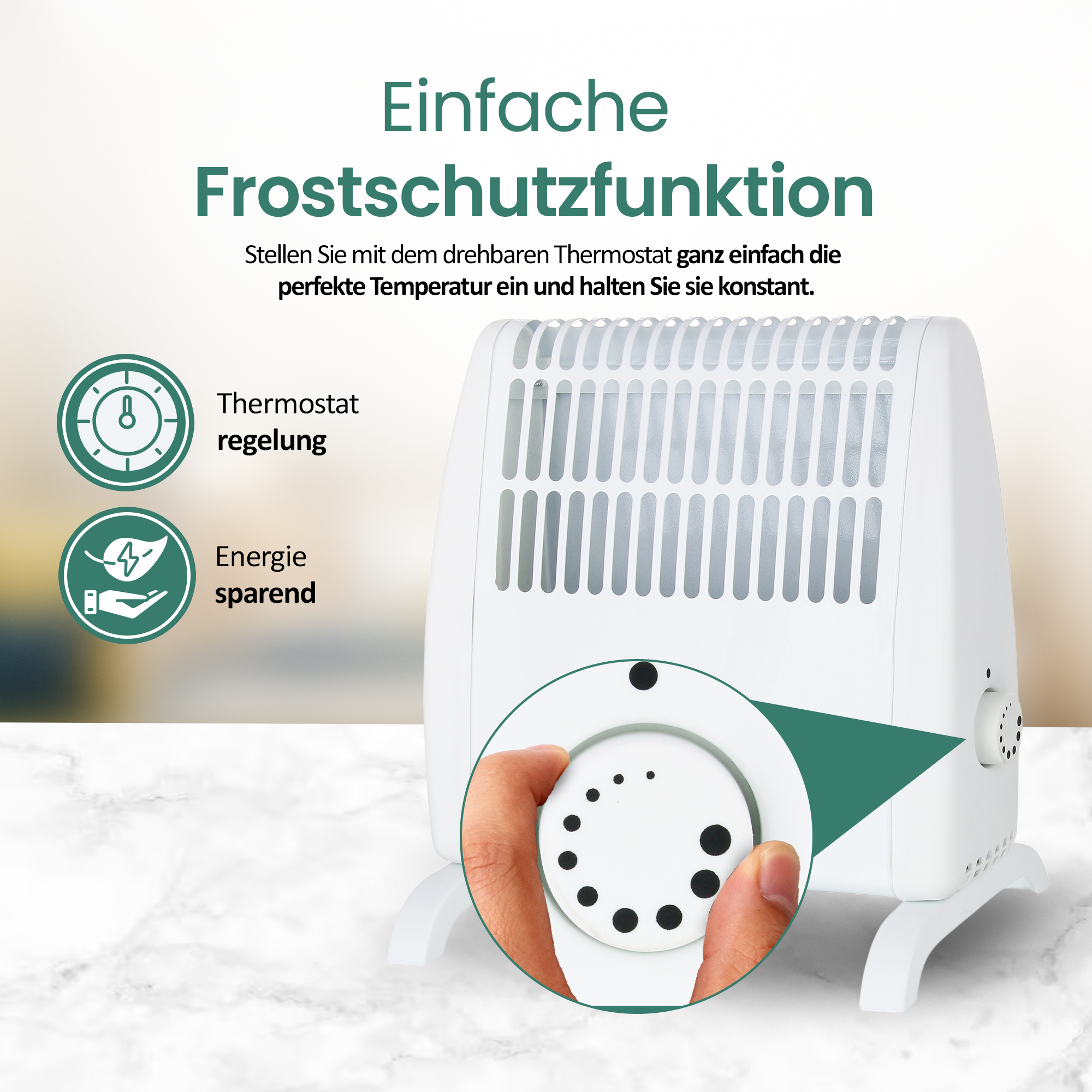 Weißer Heizlüfter mit einer Hand, die den Thermostatknopf dreht. Text sagt 'Frostschutzfunktion'.