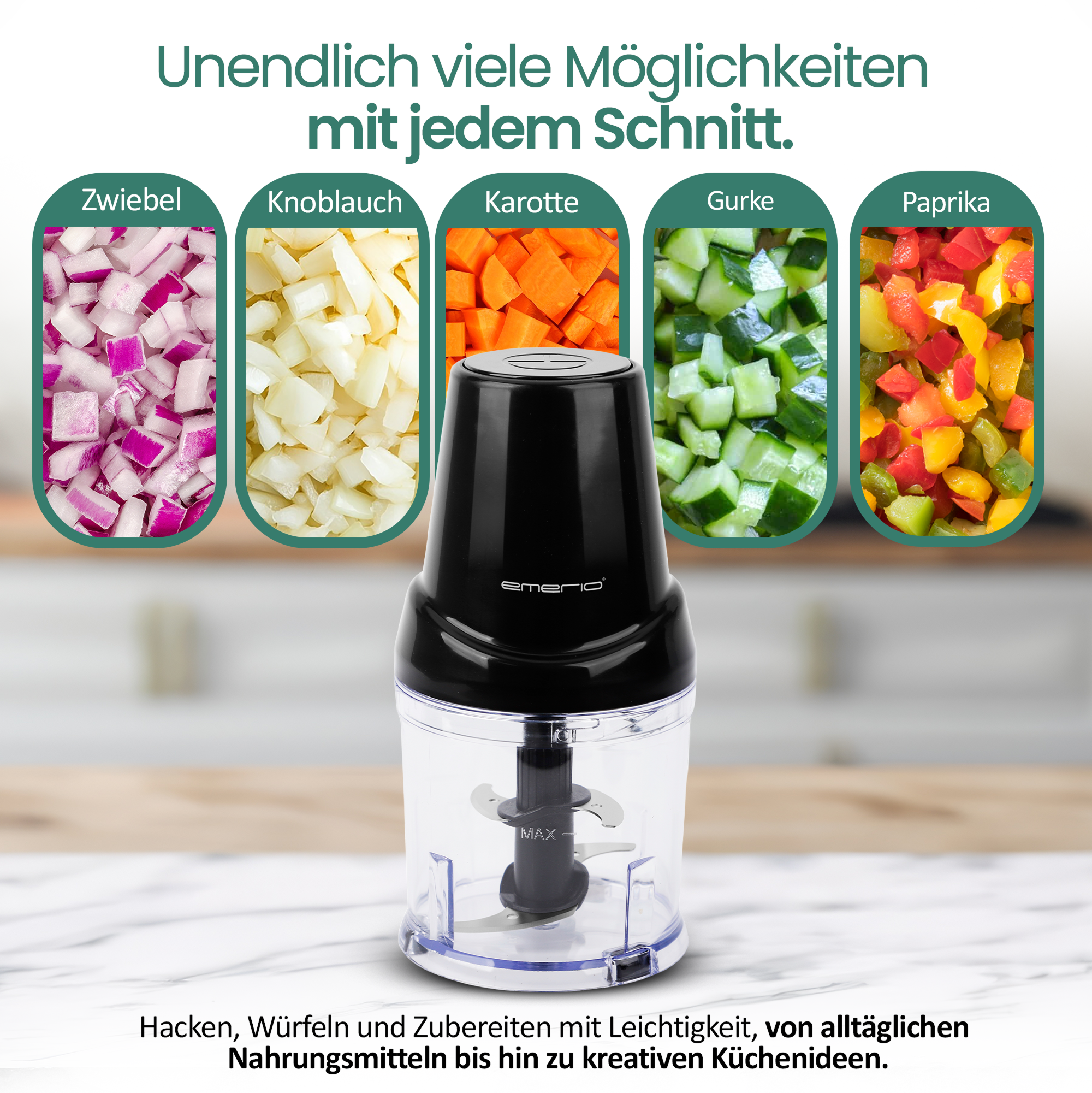 Ein schwarzer Küchenmixer mit gehacktem Gemüse. Text: Unendlich viele Möglichkeiten.