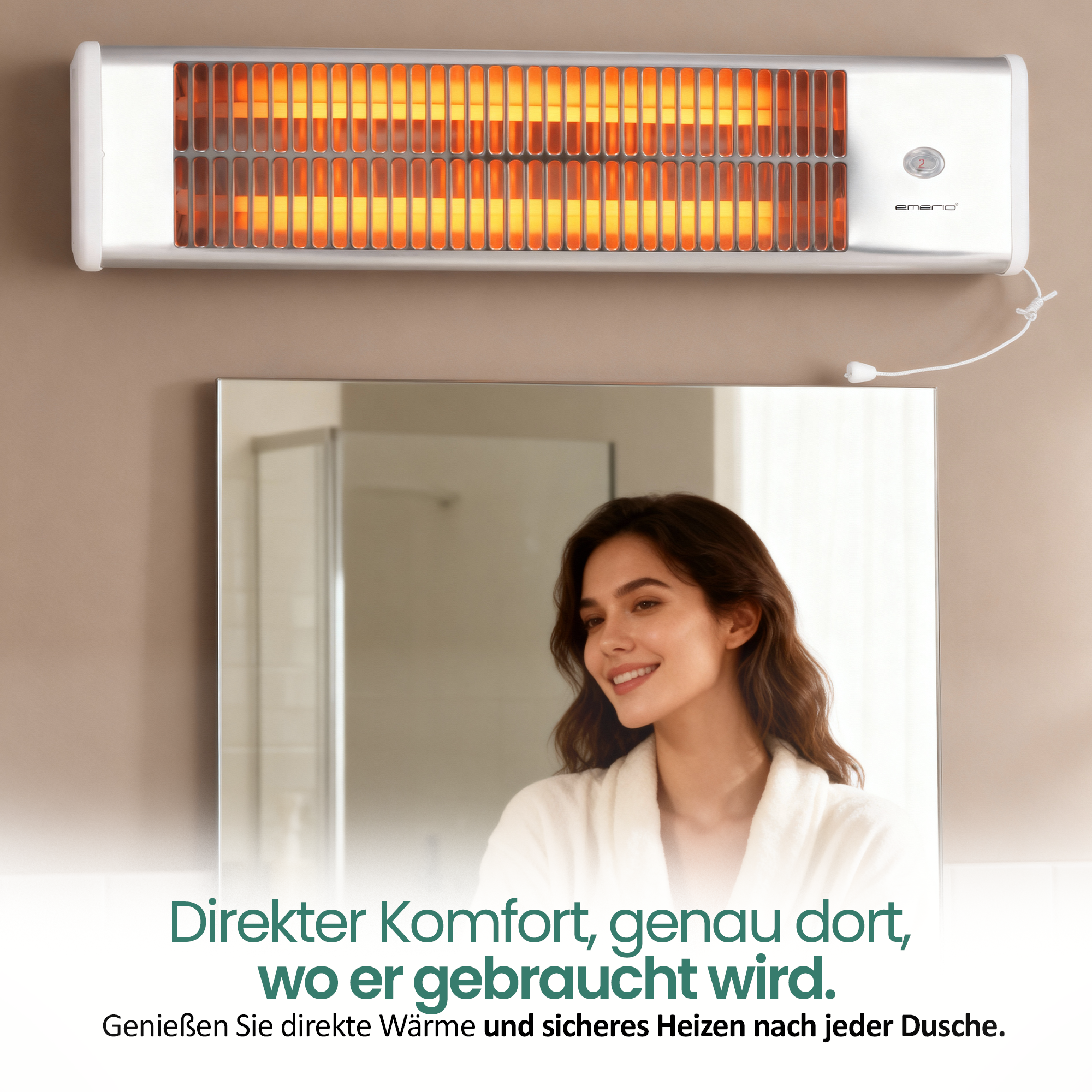 Eine Frau lächelt in einem Spiegel unter einem Heizkörper. Der Heizkörper ist an, mit hellem orangefarbenem Licht.