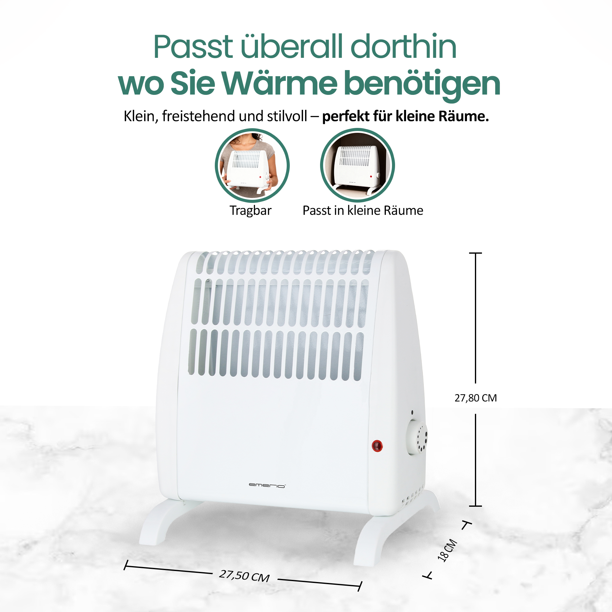 Ein weißer Elektroheizer auf weißer Oberfläche. Text sagt: 'Passt überall dorthin wo Sie Wärme benötigen'.