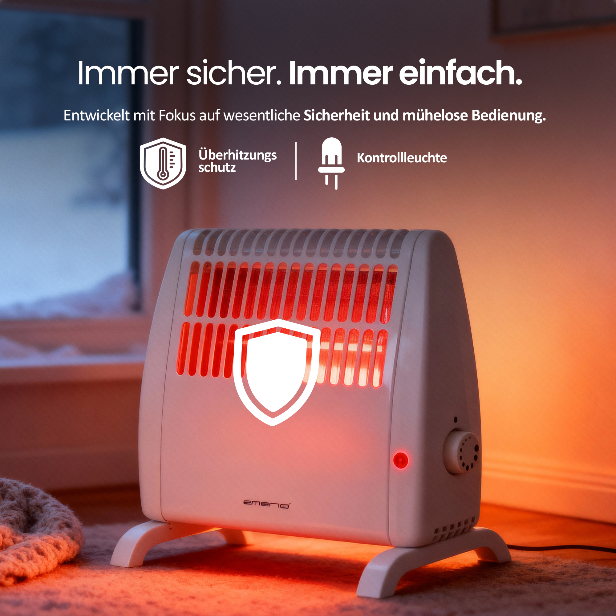Ein weißer Elektroheizer mit rotem Leuchten. Text: 'Immer sicher. Immer einfach.'