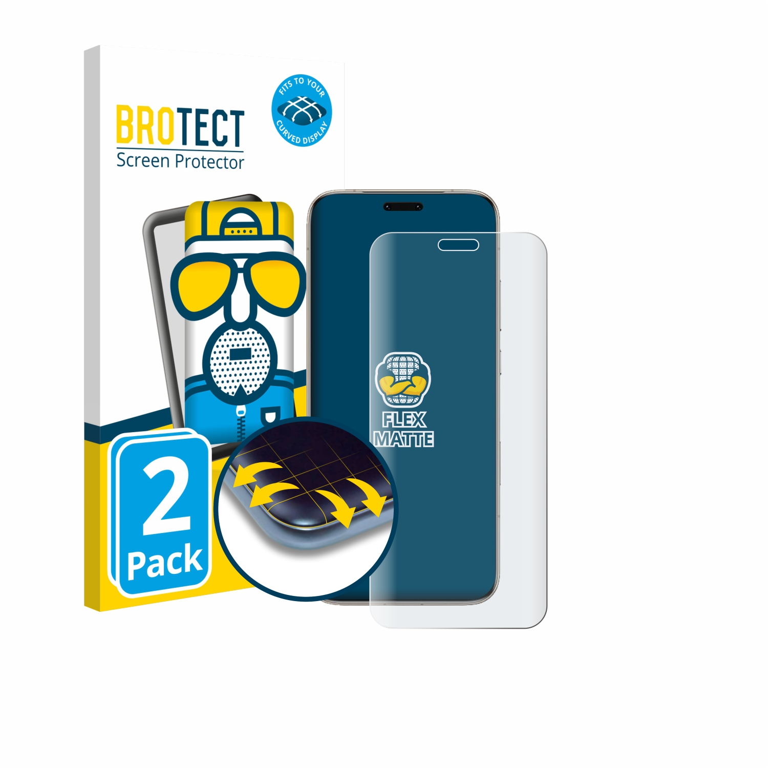 Eine Packung Displayschutzfolien für Telefone. Die Box zeigt eine Zeichentrickfigur, ein Telefon und eine Displayschutzfolie. Die Packung enthält zwei Schutzfolien.