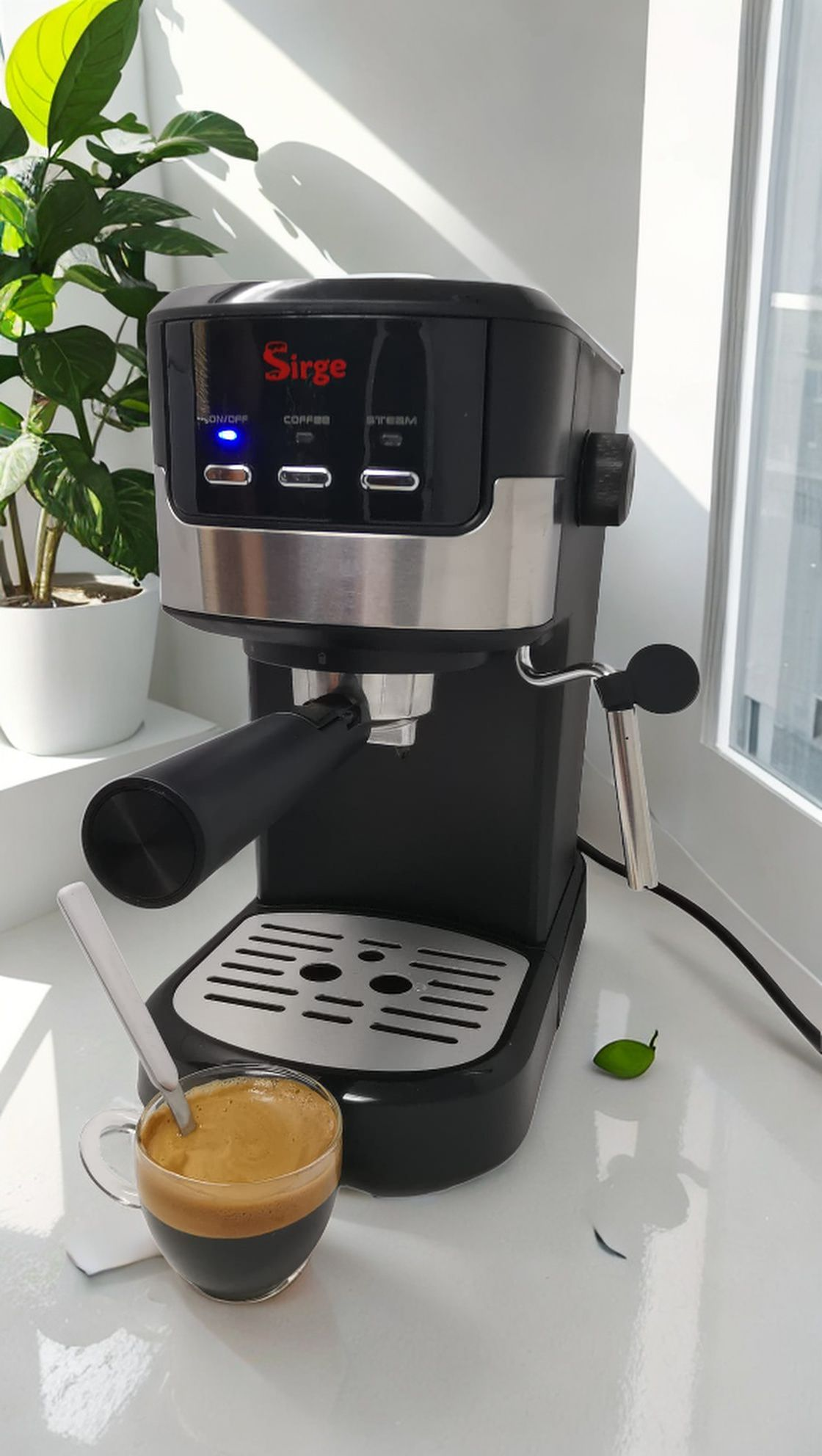 Una macchina per espresso nera con una tazza di caffè, un cucchiaio e una foglia verde. Una pianta è visibile sullo sfondo.