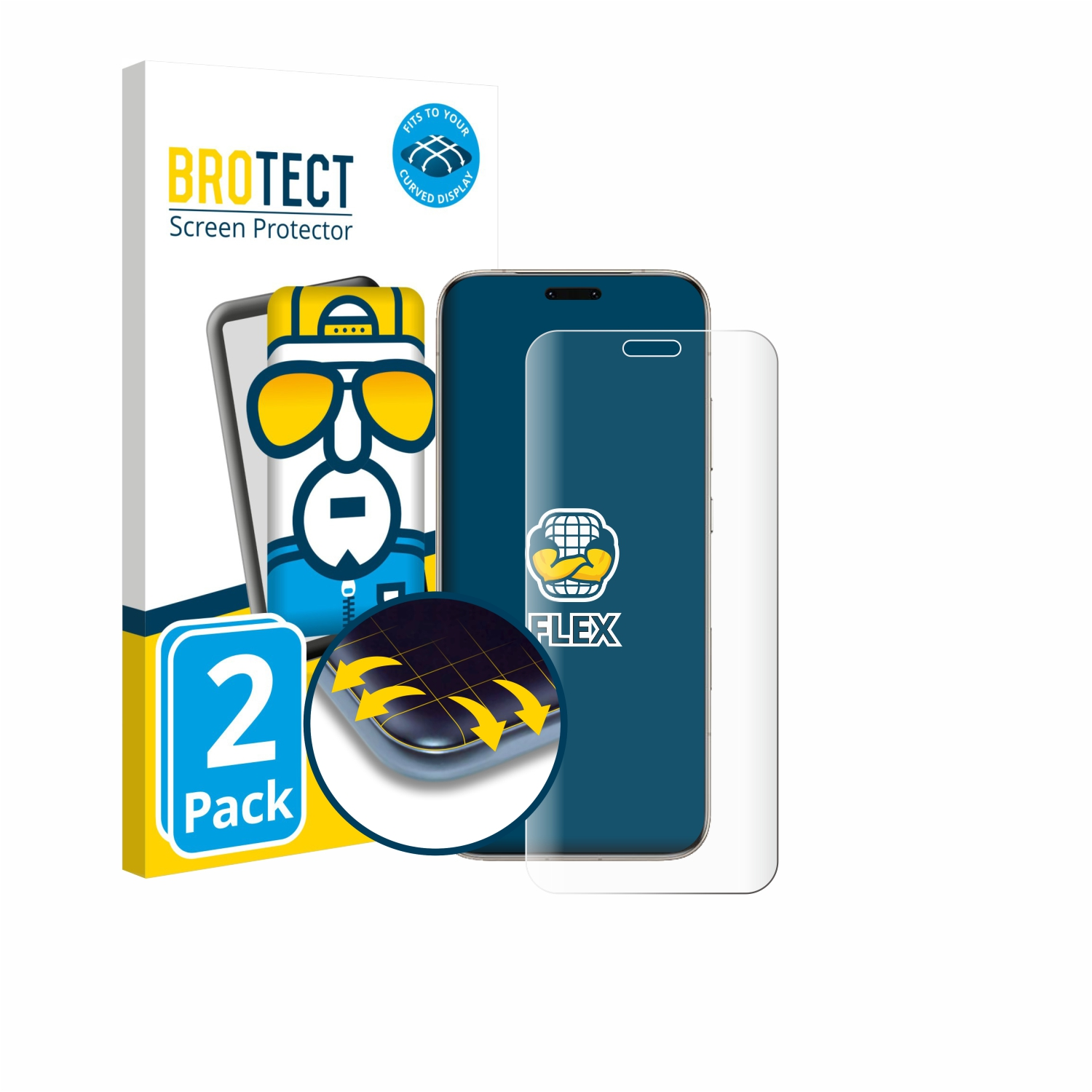 Verpackung eines Displayschutzes mit Telefon, Displayschutzfolie und einer Cartoonfigur.