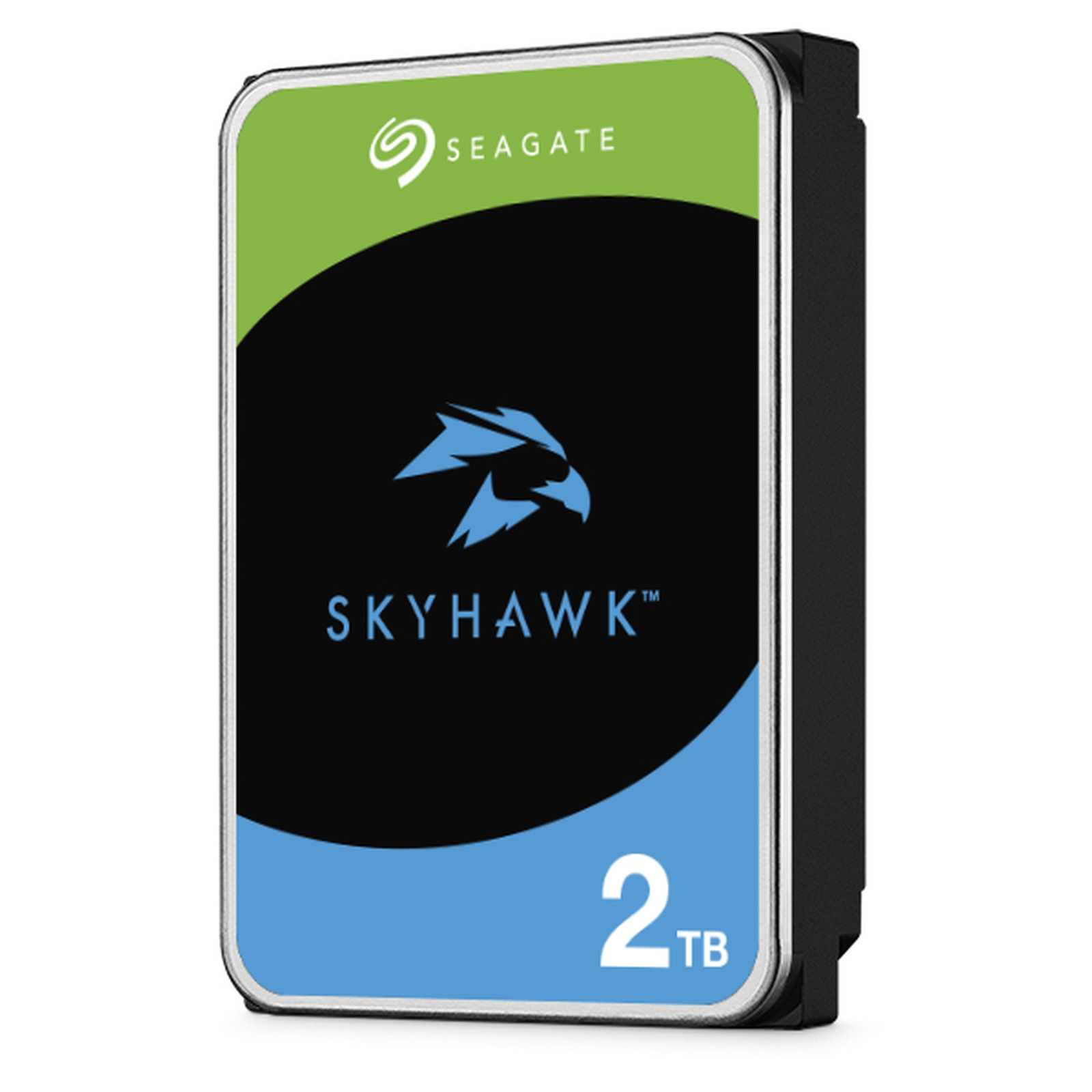 Dysk twardy Seagate SkyHawk 2TB. Zielony, czarny i niebieski. Logo i tekst, pojemność pamięci.