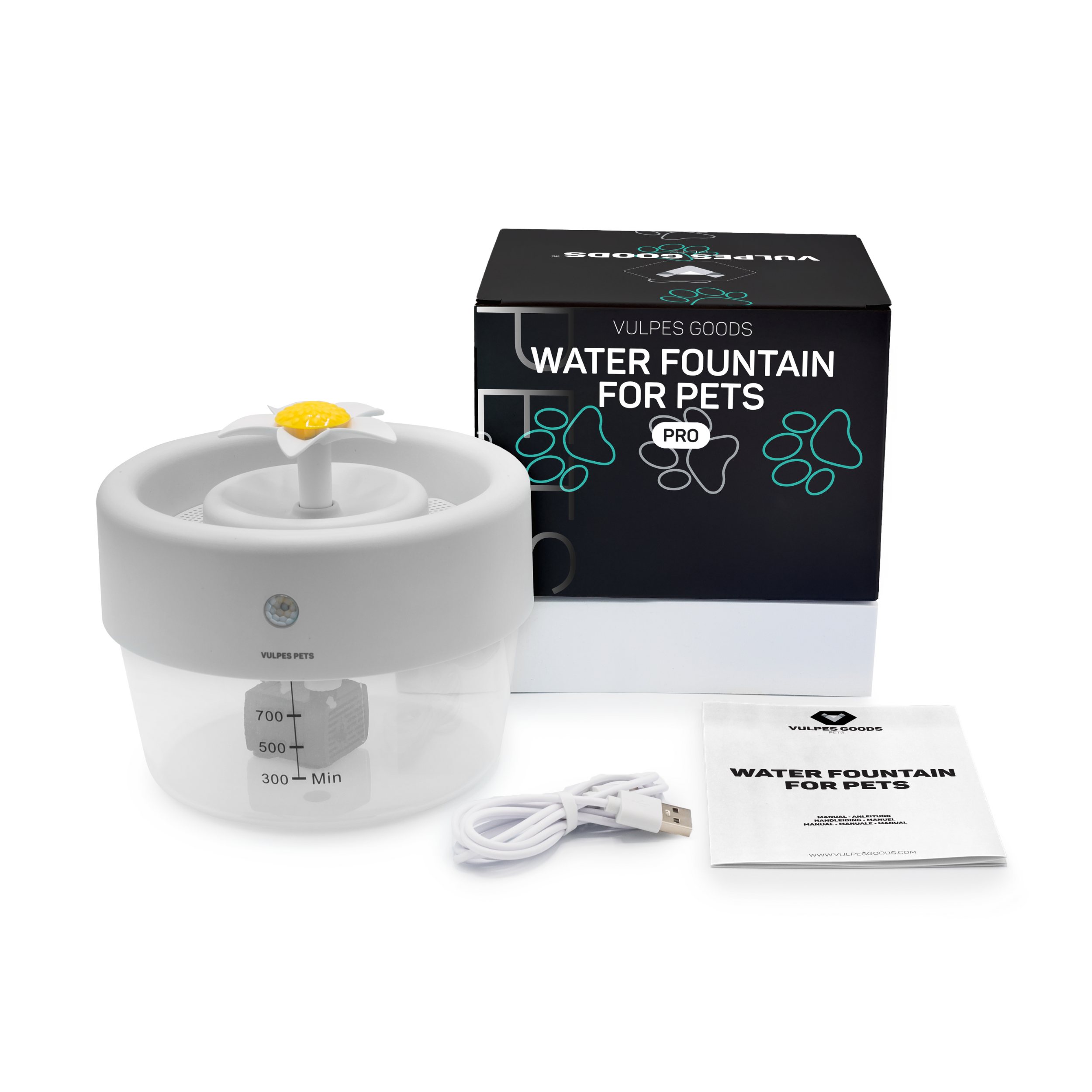 Ein weißer Haustier-Wasserbrunnen mit Blume, Karton, Handbuch und USB-Kabel auf weißem Untergrund.