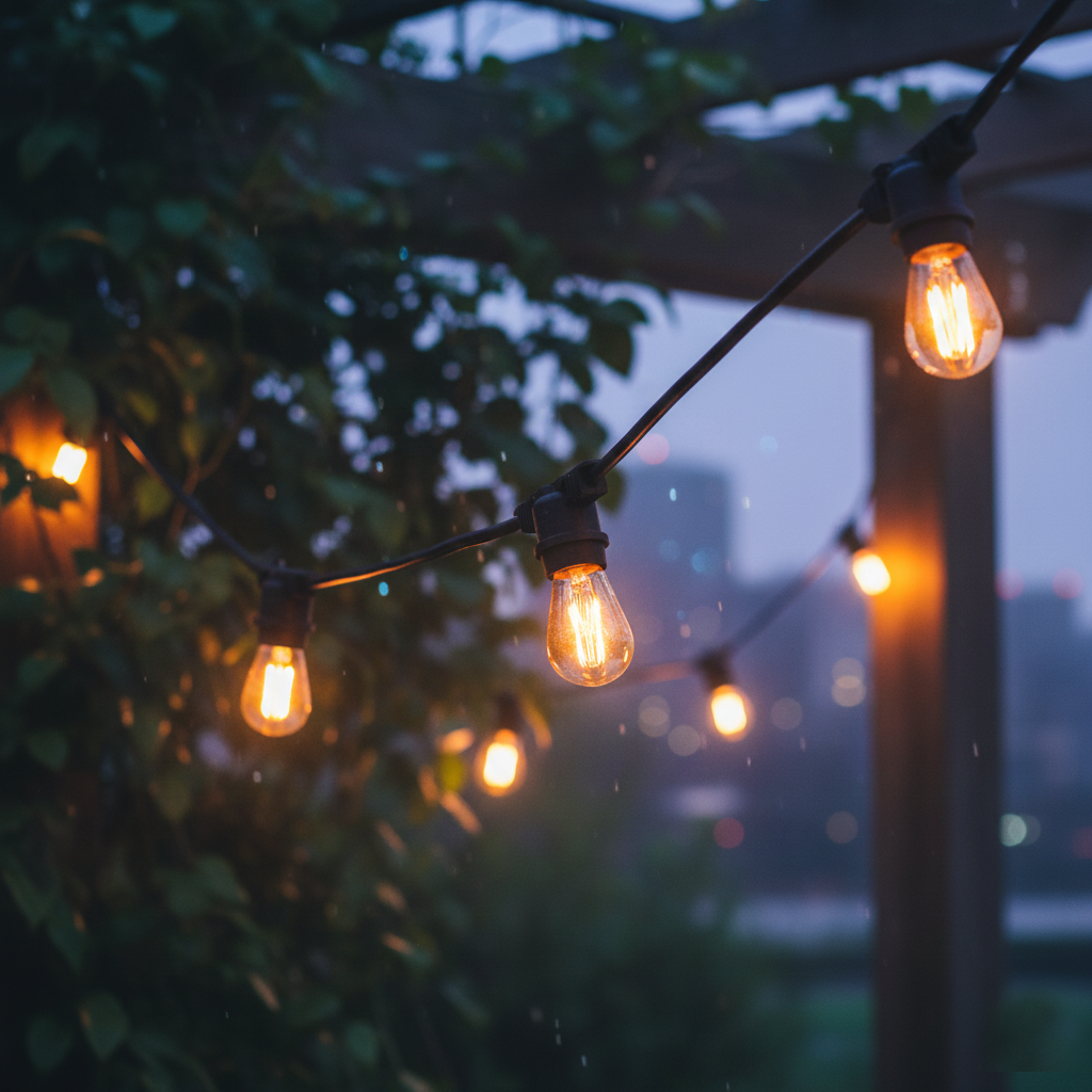 Lichterketten erhellen eine regnerische Szene. Glühbirnen leuchten warm vor dem Hintergrund von Bäumen, einer Holzkonstruktion und einer verschwommenen Stadt.