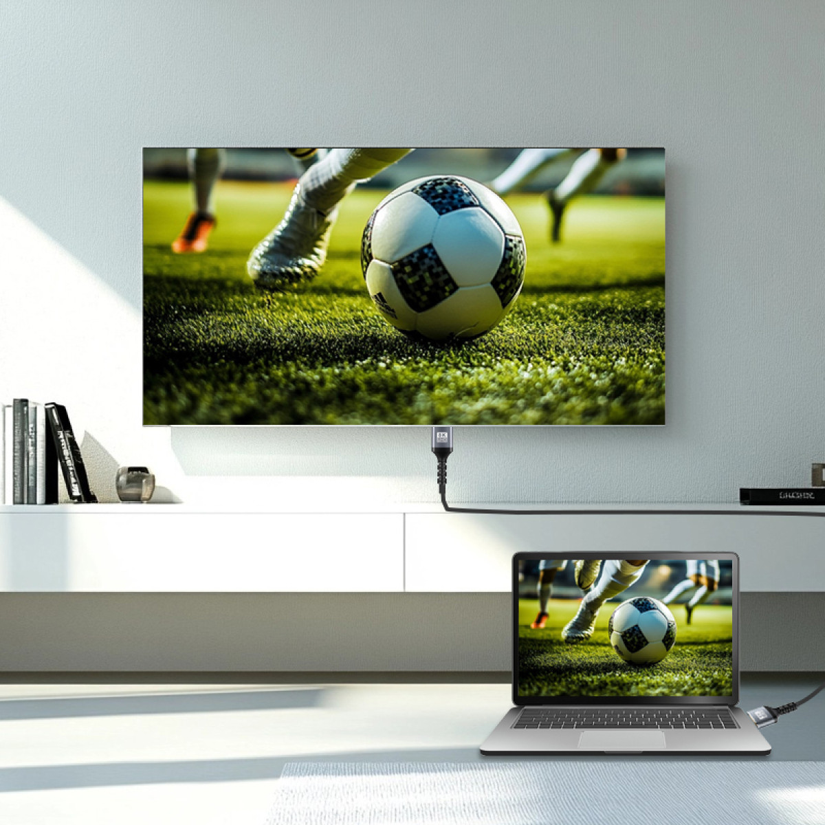 Telewizor i laptop są połączone. Telewizor pokazuje mecz piłki nożnej, z piłką i graczami. Laptop odzwierciedla obraz.