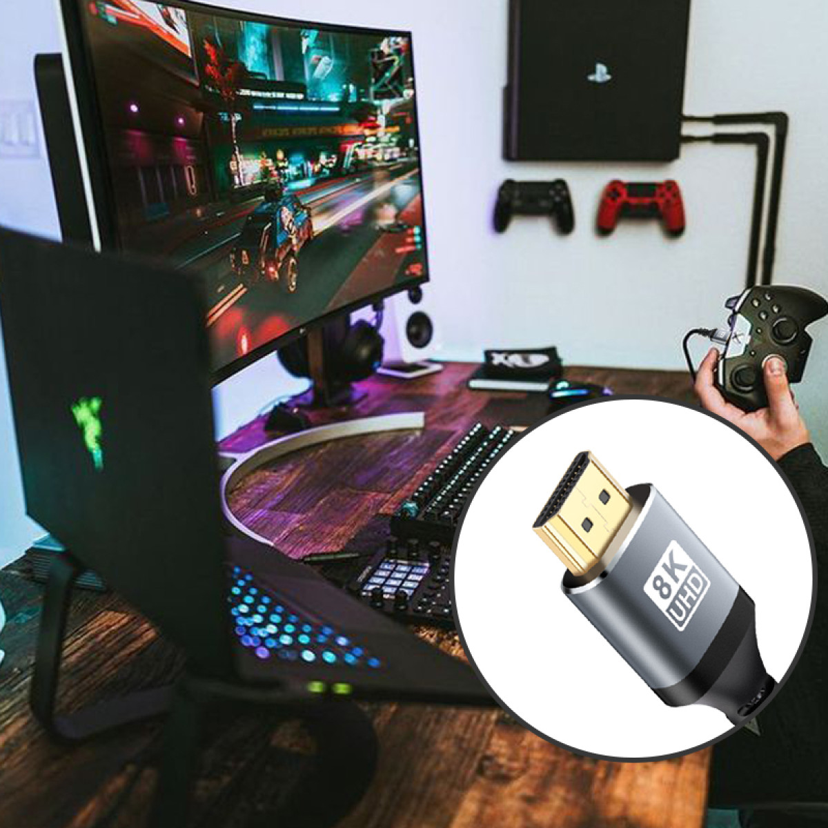Konfiguracja do gier z zakrzywionym monitorem, laptopem, klawiaturą i kontrolerem. Kabel HDMI 8K UHD jest podświetlony.