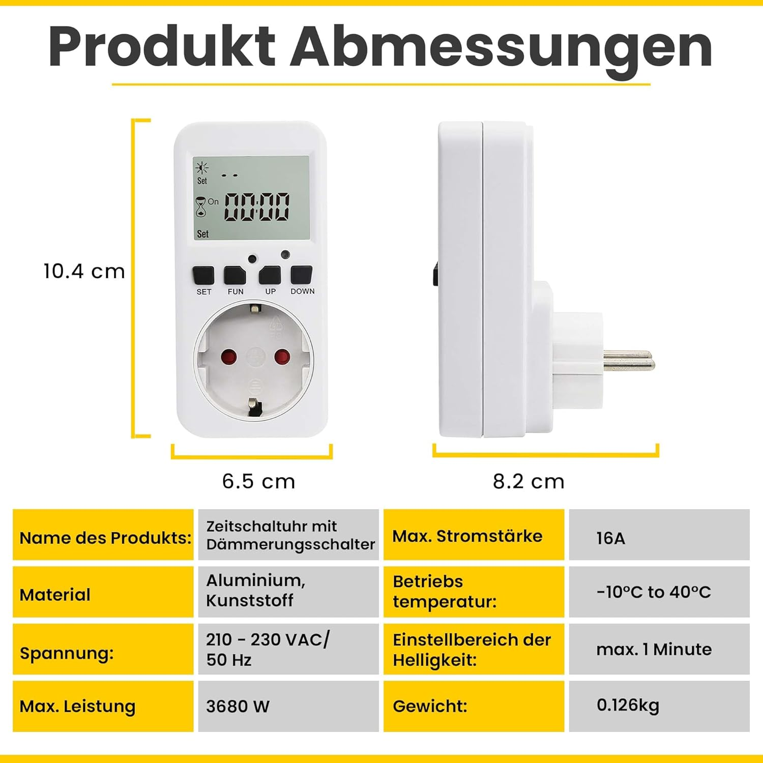 Ein weißer Timer mit Digitalanzeige, die die Zeit anzeigt, neben einem Stecker. Details zum Produkt in der Tabelle unten.