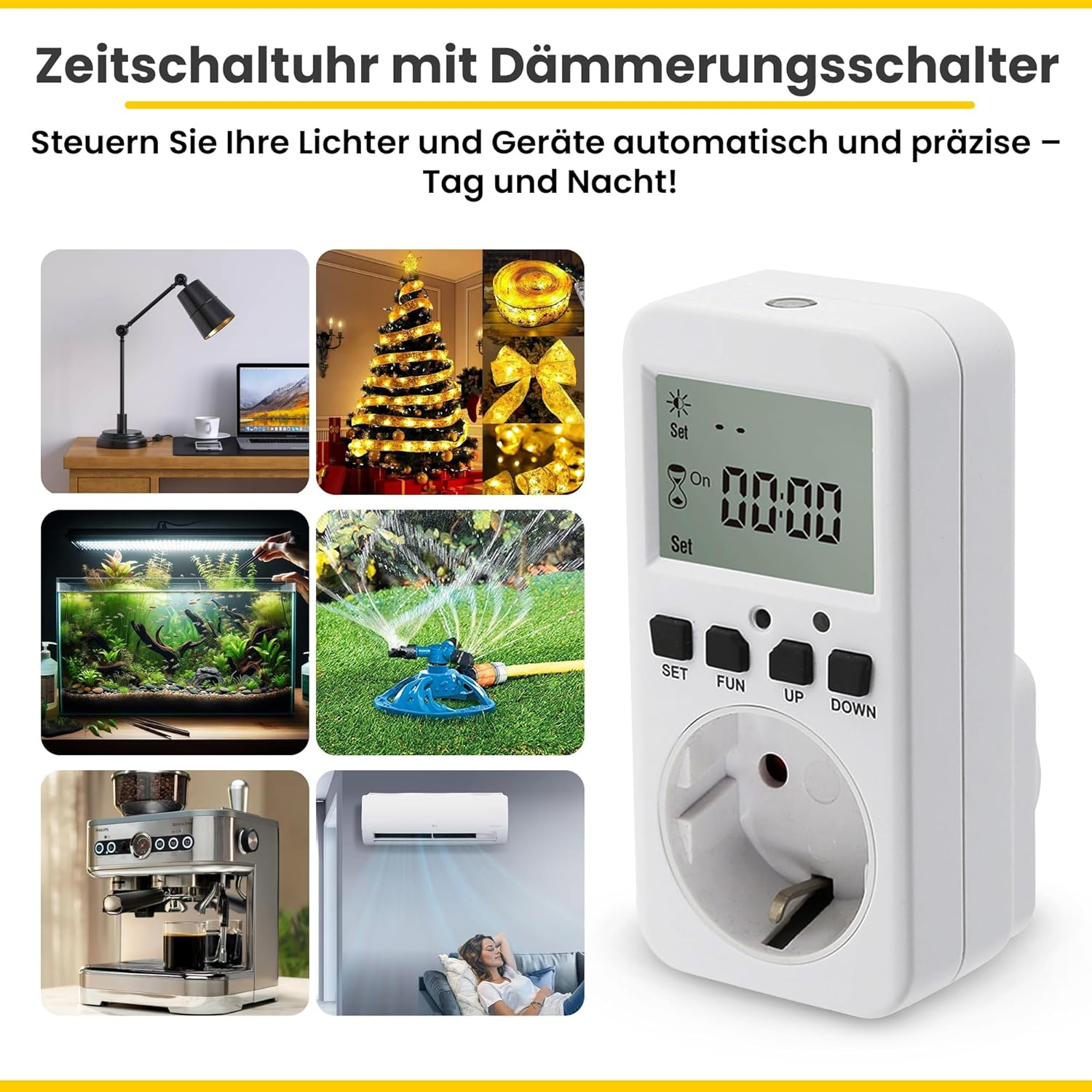 Ein weißer Timer mit digitaler Anzeige zeigt die Zeit an. Mehrere Bilder zeigen Geräte, die vom Timer gesteuert werden, wie Lichter, ein Weihnachtsbaum und eine Espressomaschine.