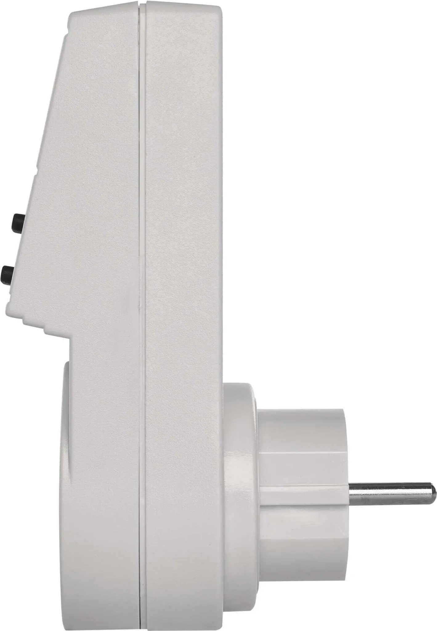 Ein weißer Steckdosentimer ist von der Seite zu sehen. Er hat einen Stecker und zwei schwarze Knöpfe.