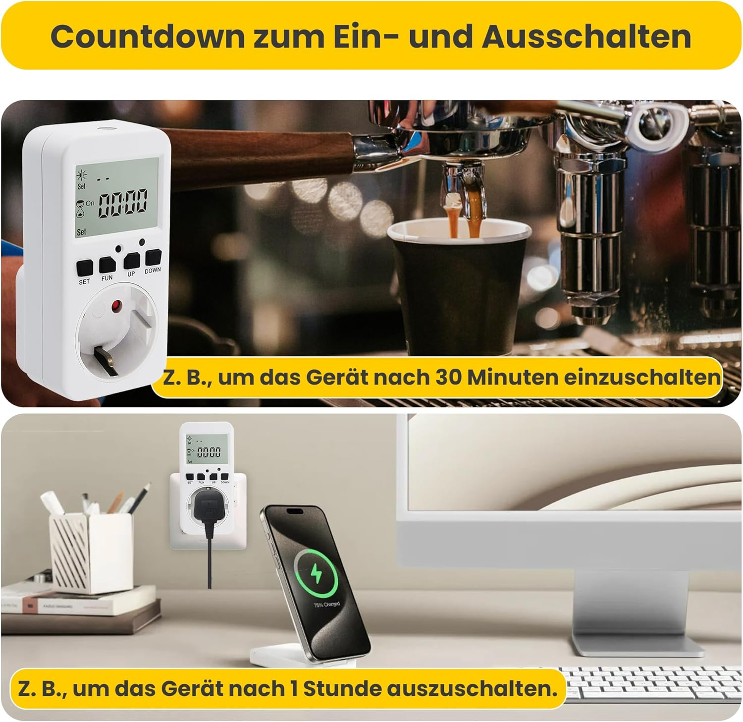 Das Bild zeigt einen Timer-Stecker, eine Kaffeemaschine, ein ladendes Telefon und einen Computer. Der Timer ist weiß mit Digitalanzeige.